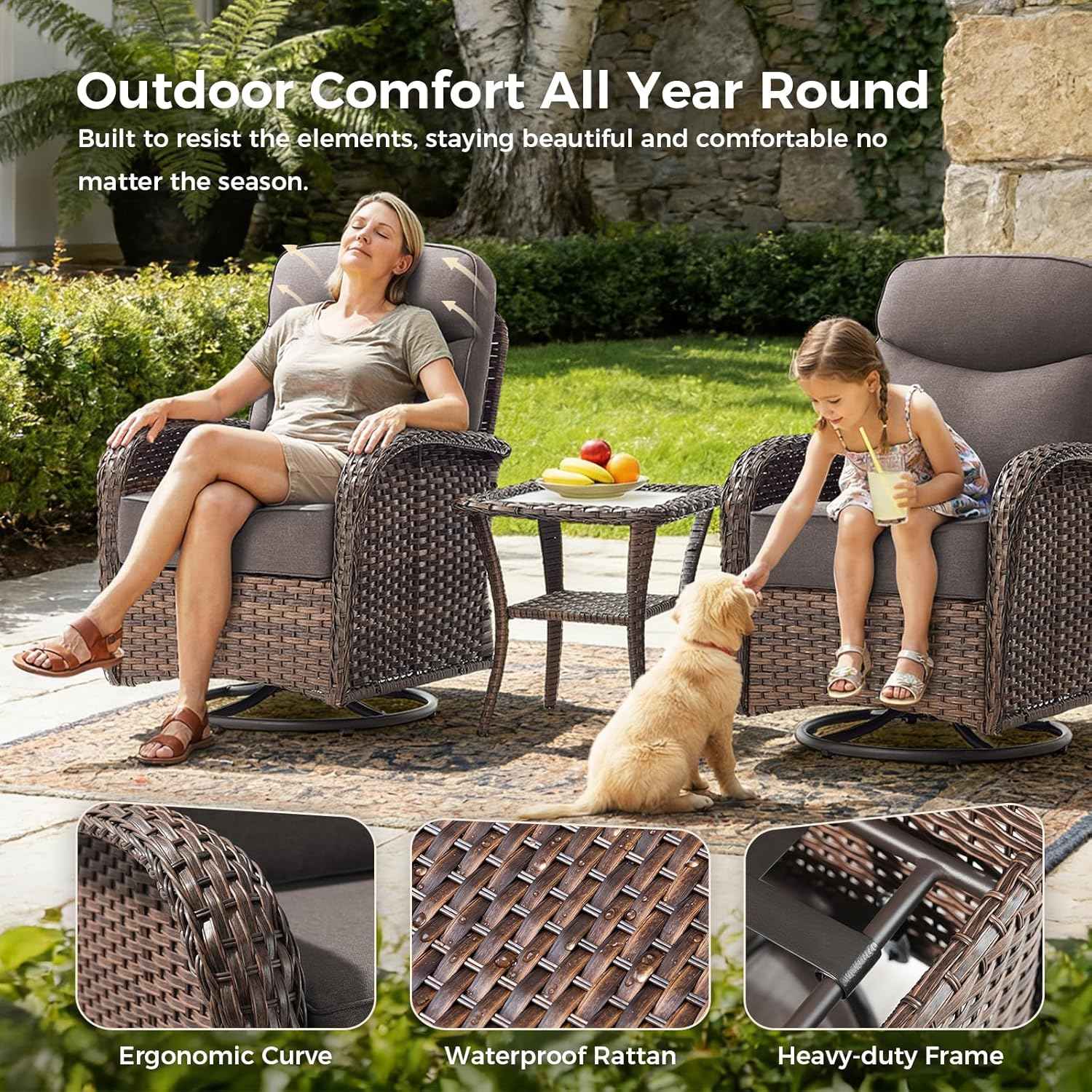 Luxury Outdoor Swivel Rocker Patio Chairs with 6-Inch Thick Cushions, High Back Swivel Glider Patio Chairs, 3PCS Wicker Outdoor Furniture Set for Porch, Patio, Yard, Deck, Poolside, Brown/Grey