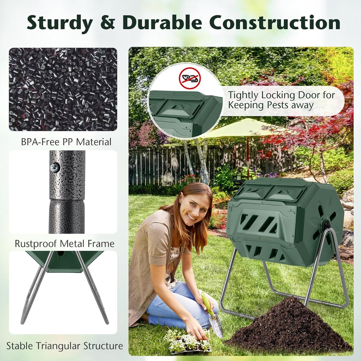 Goplus Compost Bin, Outdoor 42-Gal Dual Chamber Composting Tumbler w/2 Sliding Doors, Heavy-Duty Metal Frame, 360° Rotatable Tumbling Composter, BPA-Free Compost Tumbler for Kitchen Garden Yard Waste