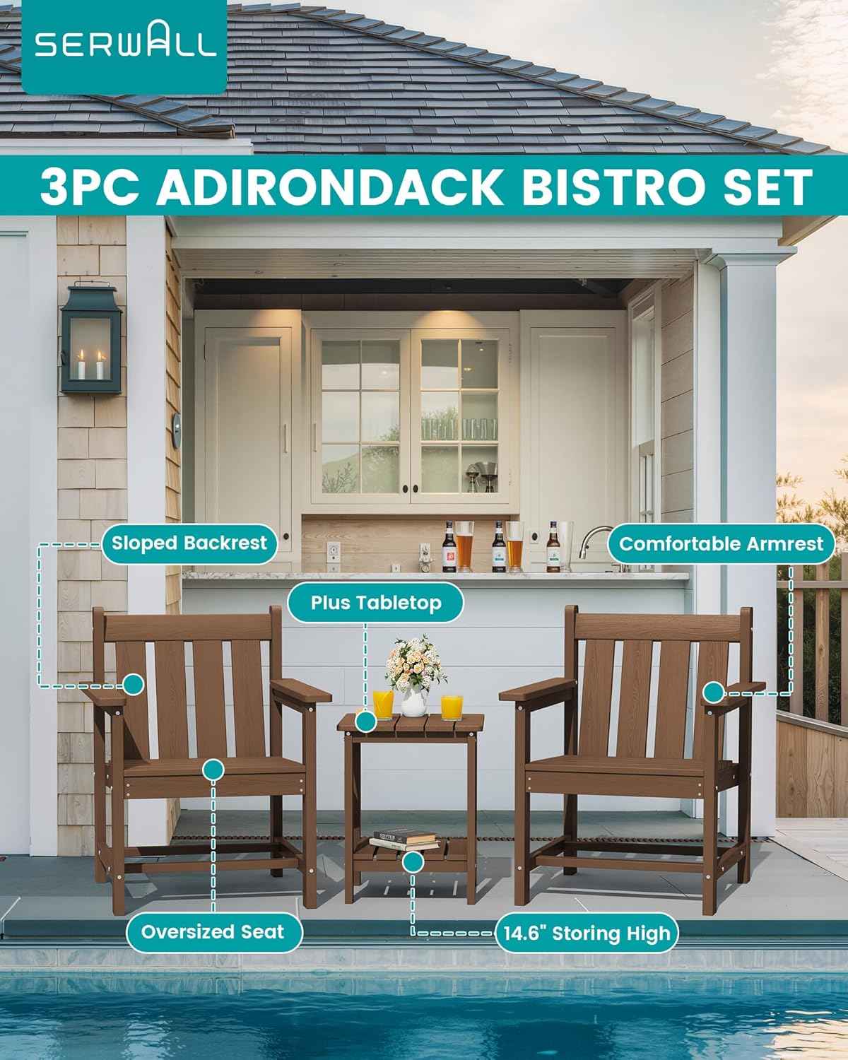SEWRWALL 3 Pieces Patio Bistro Set, All Weather Adirondack Chair Set with Side Table, HDPE Material Outdoor Patio Furniture Set for Balcony, Porch, Garden, Backyard- Brown