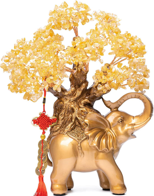 Citrine Crystal Money Tree on Gold Elephant Statue, 17”Large Gemstone Bonsai Tree of Life Home Décor Gifts for Wealth Positive Energy, Feng Shui Décor