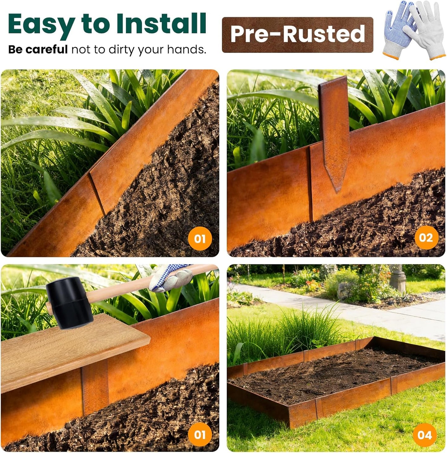 Corten Steel Landscape Edging 8" H x 40" L 6 Pack Metal Garden Edging, Pre-Rusted Metal Landscape Edging, Hammer-in Steel Edging for Landscaping with 6 Clips for Lawn Yard Border (20Ft Total)