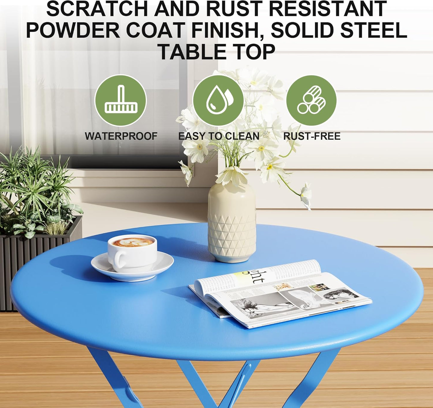 Bistro Table and Chairs Set of 2, 3 Piece Outdoor/Indoor Folding Patio Bistro Sets, 2 Chair Patio Furniture Set with Table, Premium Frame Foldable Coffee Tables for Balcony, Yard, Garden, Blue