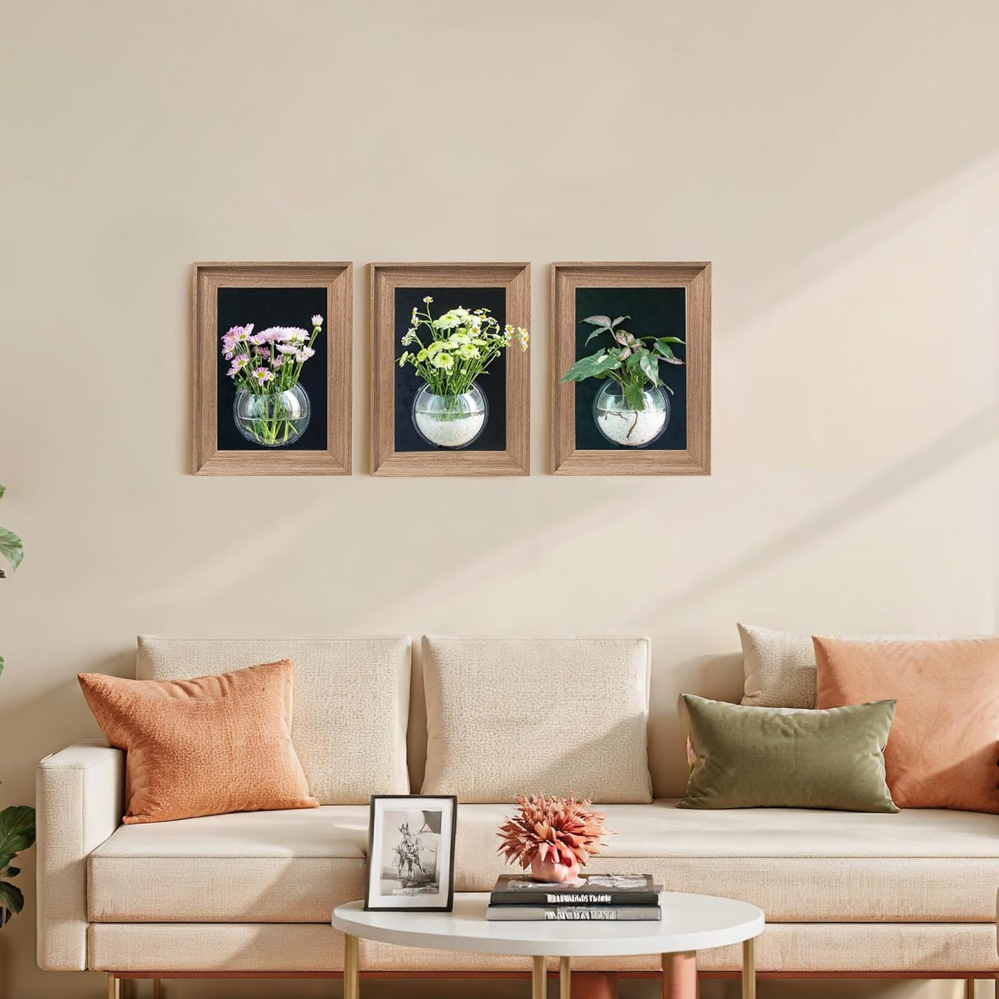 Walnut Wood Frame Wall Planter for Hydroponic Plants, 12" x 16" Wall Vase with Oblate Acrylic Propagation Station, Set of 3, Decorative Wall Hanging for Bathroom, Office & Living Room