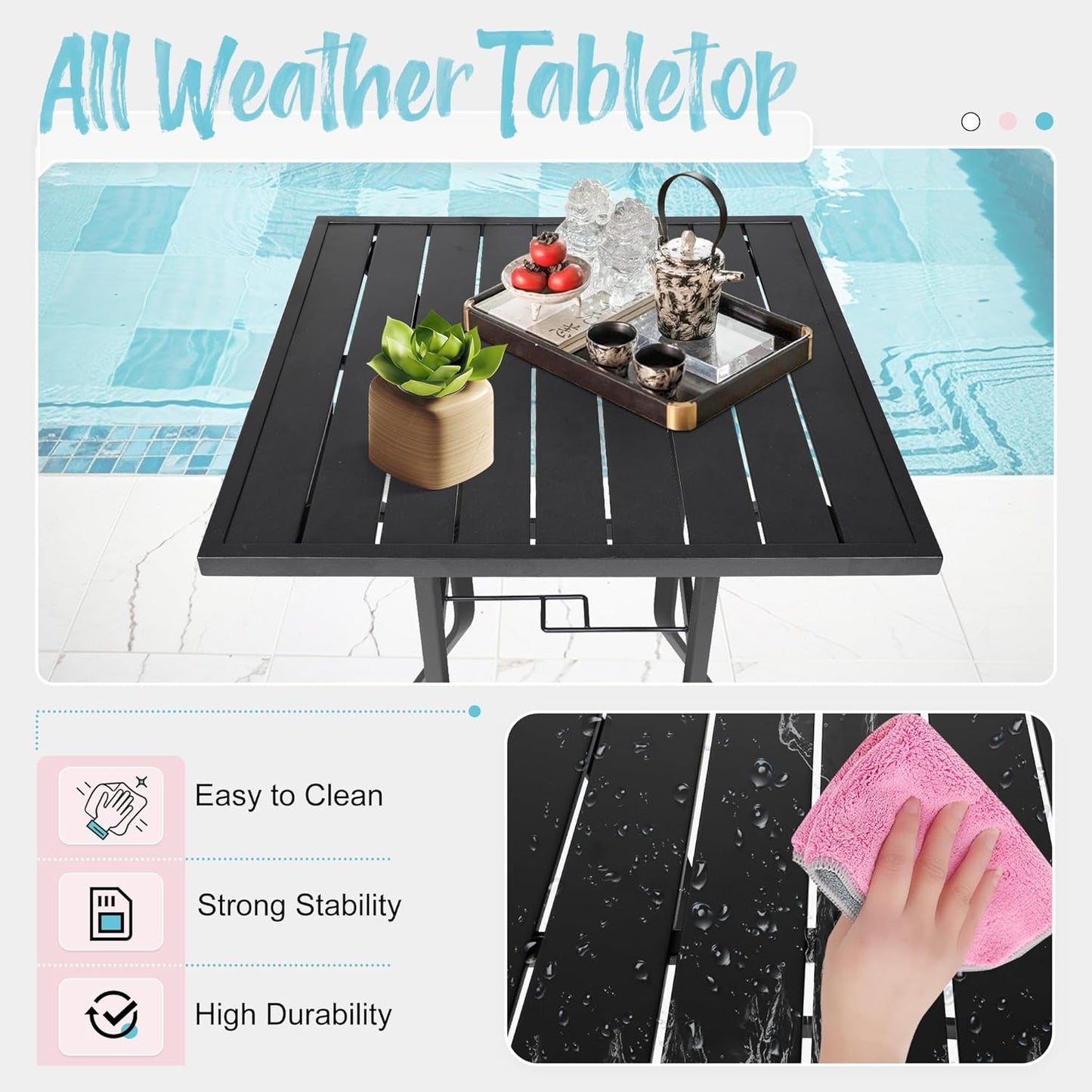 Incbruce Patio High Bar Table, 39" Height Bistro Table with 1.57'' Umbrella Hole, Square Outdoor High Top Table Metal Steel Frame and Slat Design (Slatted Tables Top), Black