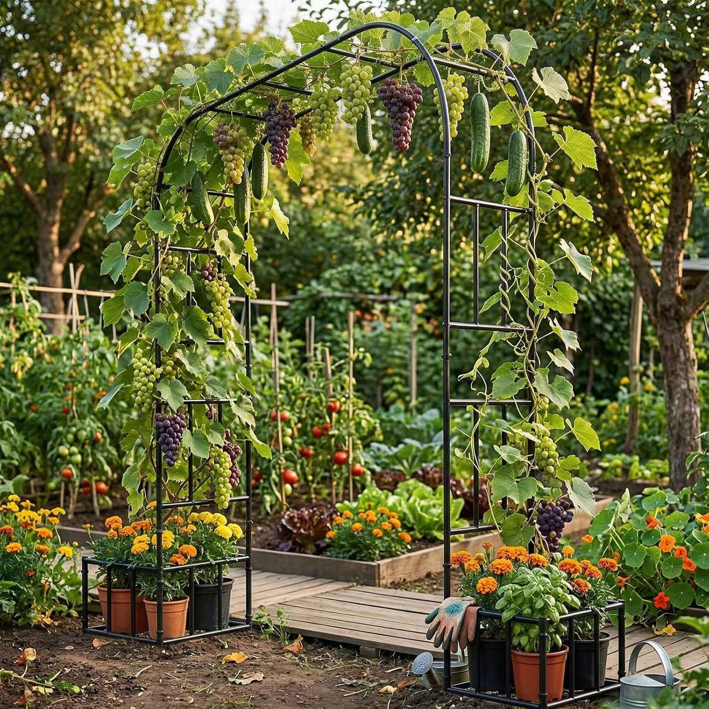 Garden Arch with Planter Boxes, Metal Arbor Trellis for Climbing Plants Outdoor, Heavy Duty Iron Archway for Wedding Ceremony Party Backyard Lawn Patio Decor, Black