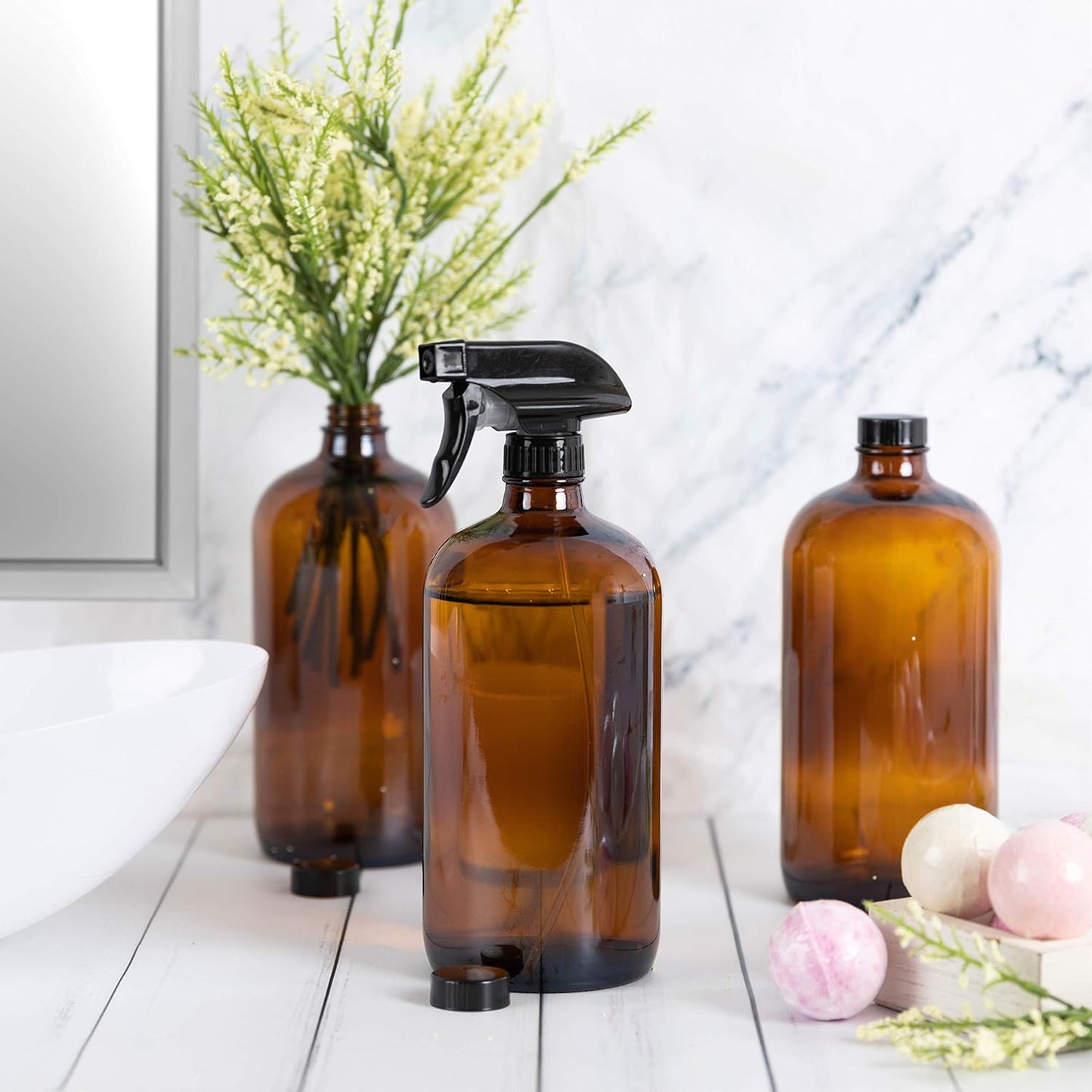 Large 32oz Amber Glass Spray Bottles with Funnel - Refillable Trigger Sprayer Containers for Oils, Cleaning Products, Plant Misting, Cooking, Hair, and Beauty. Includes 4 Bottles and 1 Funnel.