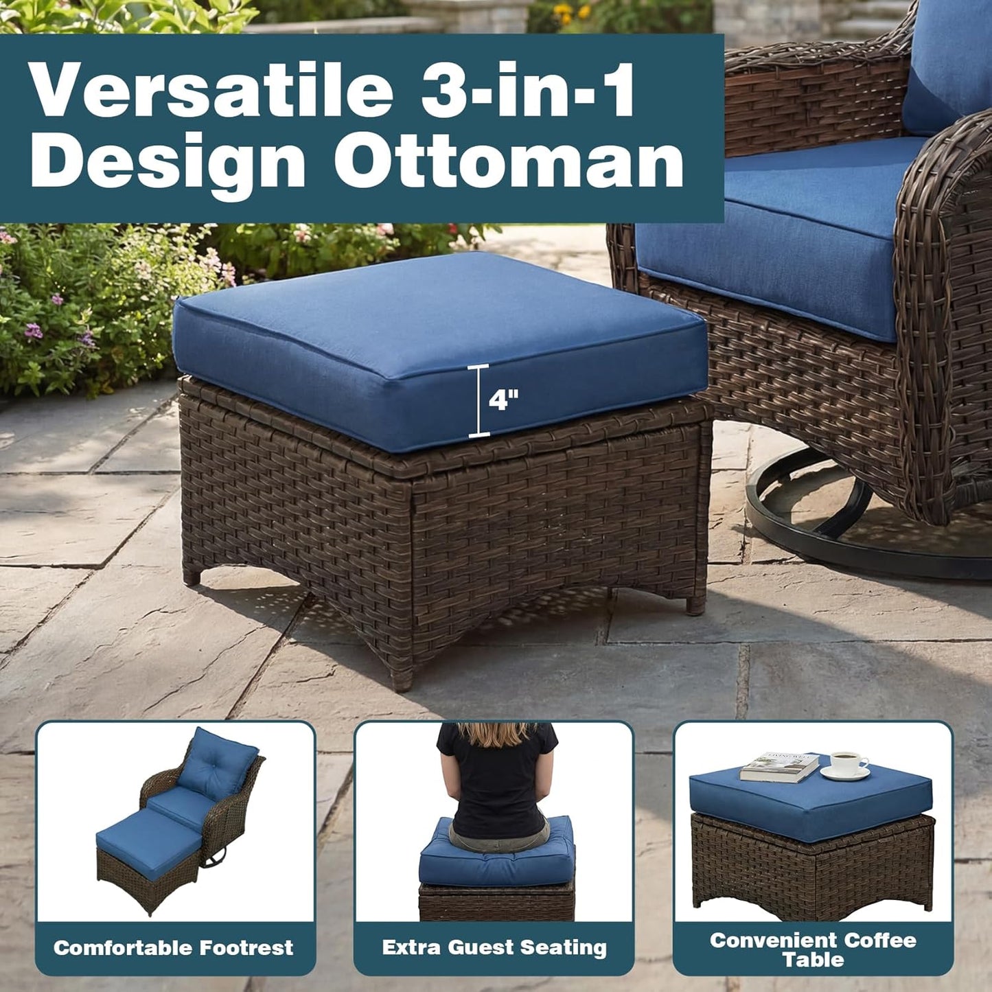Patio Furniture Set, 7PCS Outdoor Wicker Conversation Set with 6" Thick Cushions, High Back Rattan Sofa & Swivel Rocker Chairs, Weather Resistant Olefin Fabric for Garden, Poolside, Navy Blue
