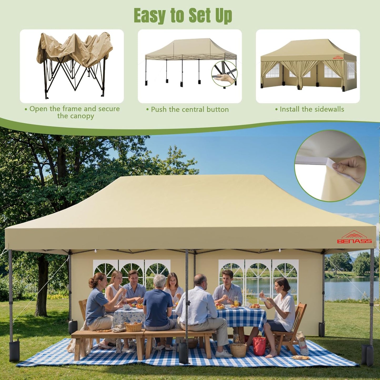 10x20 Heavy Duty Pop Up Canopy with 6 Sidewalls, 550D Commercial Easy Up Canopy Tent, Waterproof Outdoor Party Event Tent with Roller Bag, Khaki