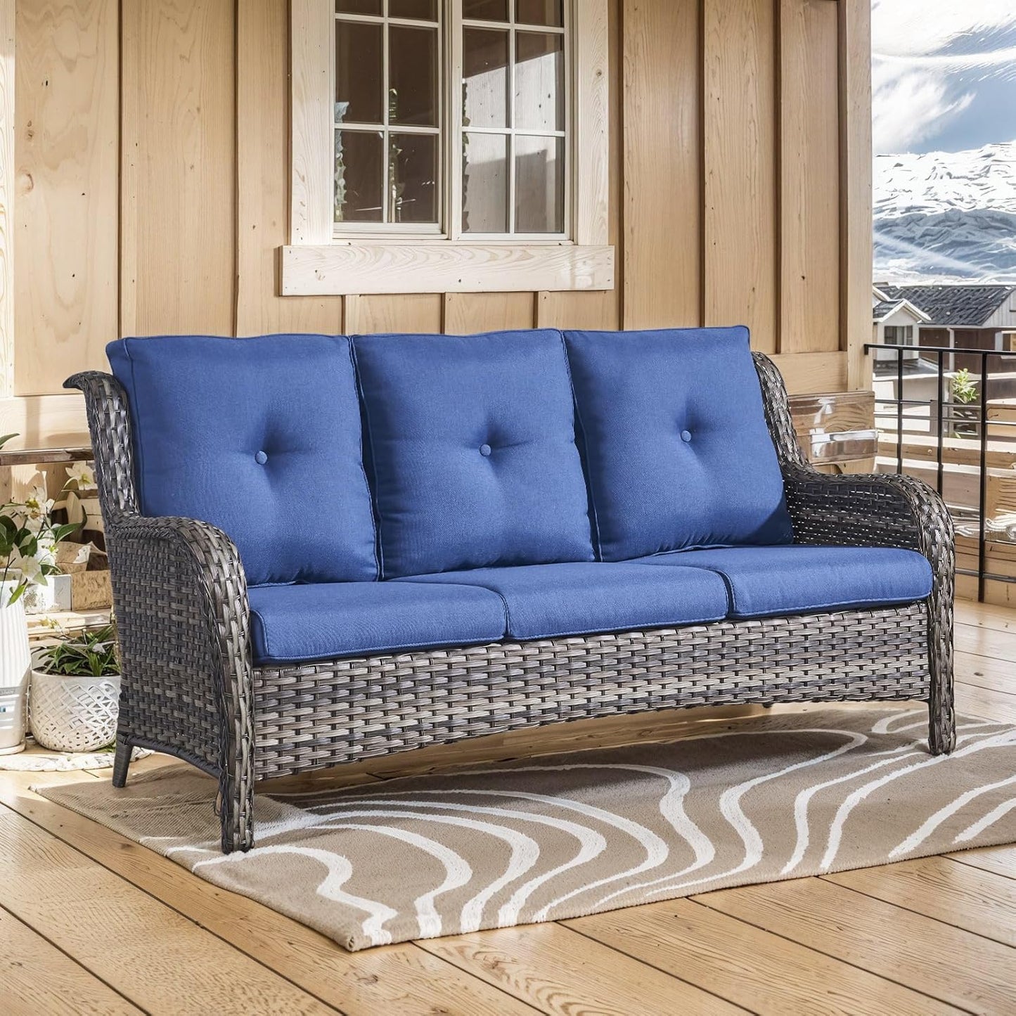 Outdoor Furniture 3-Seater Rattan Sofa Patio Wicker Sofa Couch Furniture Set with Washable Cushions