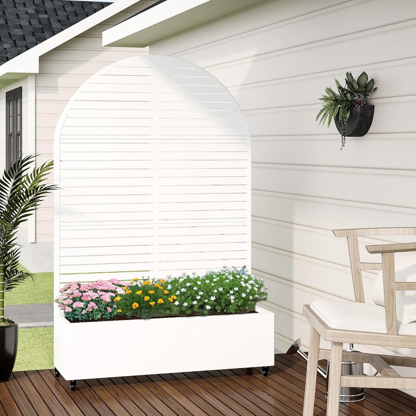 Casaphoria Metal Raised Garden Bed with Trellis and Wheels, 72"x47"x16" Arched Planter Box for Climbing Plants, Vegetables & Vines, Features Drainage Holes and Privacy Screen (White-Louvered)