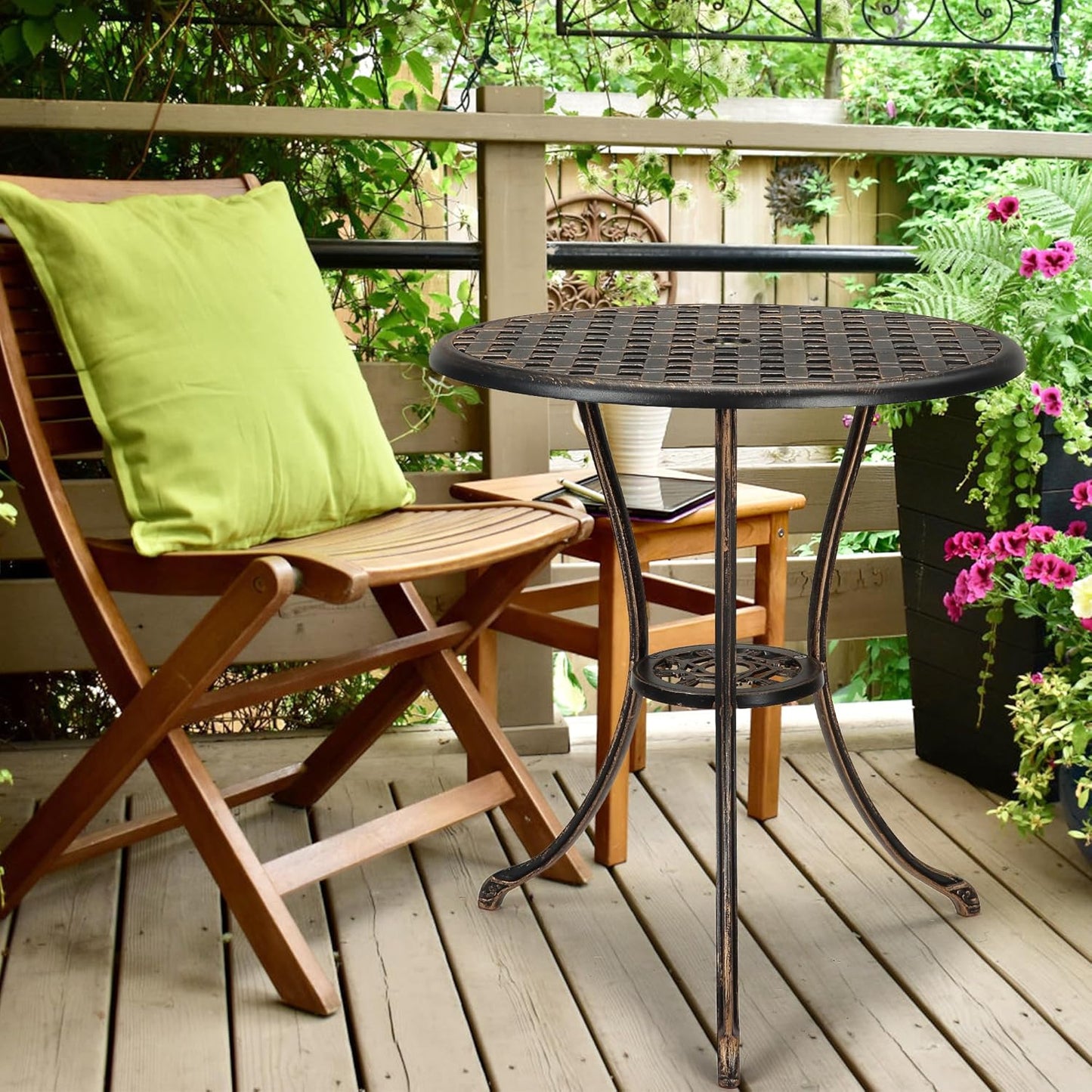 GarveeHome Patio Bistro Table, 24" Round Outdoor Coffee Table with 2" Umbrella Hole, Outdoor Cast Aluminum Bistro Table Side Table with Iron Frame for Balcony Backyard Lawn and Garden, Rustic Brown