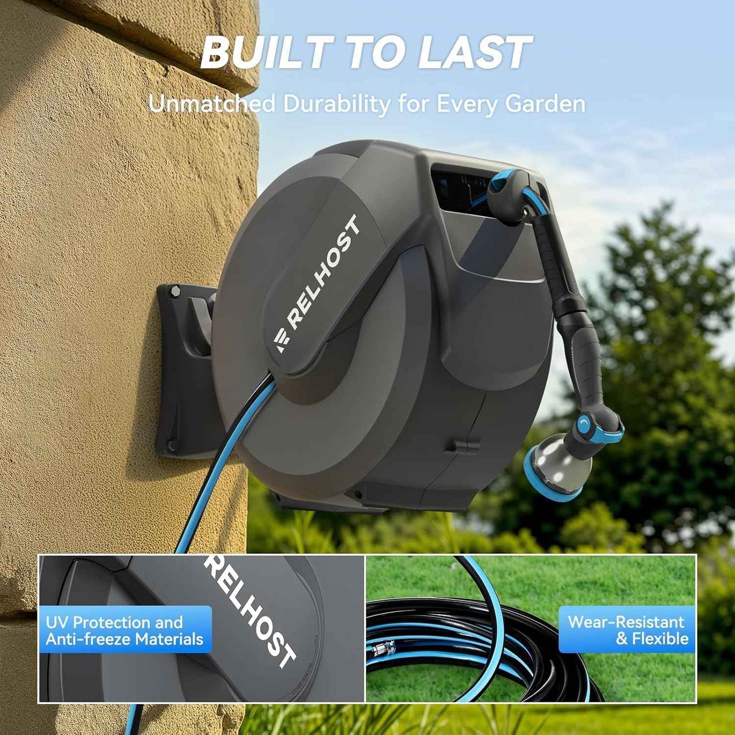 Relhost Retractable Garden Hose Reel, 1/2 in x 100 ft Wall Mount Heavy Duty Hose Reel with Any-Length Lock, Auto Rewind System, 180° Swivel Bracket, and 10-Pattern Nozzle for Garden, Dark Grey