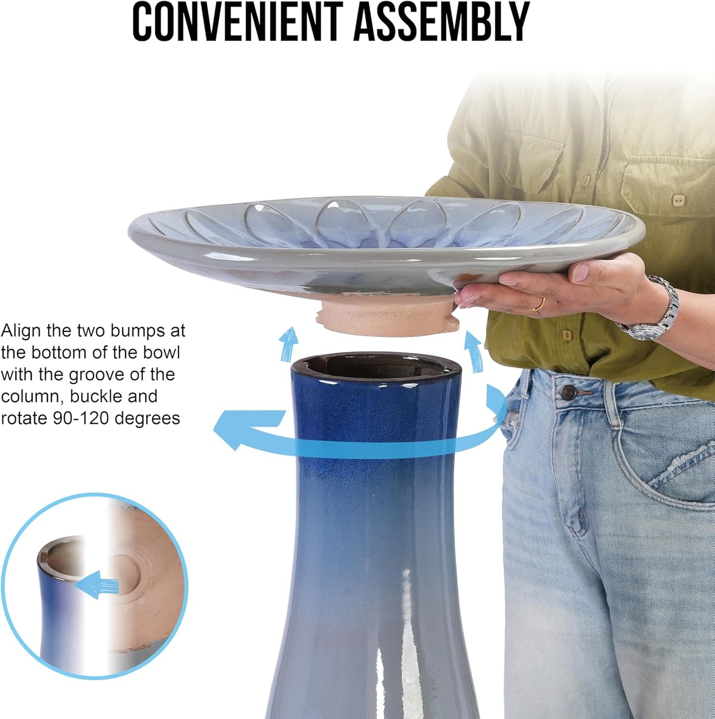 Ceramic Bird Bath for Outside, 16.93 Inch Pedestal Bird Bath Bowls, Blue + Grey Glazed Birdbaths with Floral Embossed Design, Perfect for Outdoors, Garden, Patio, Yard, 18.11 Inch Tall