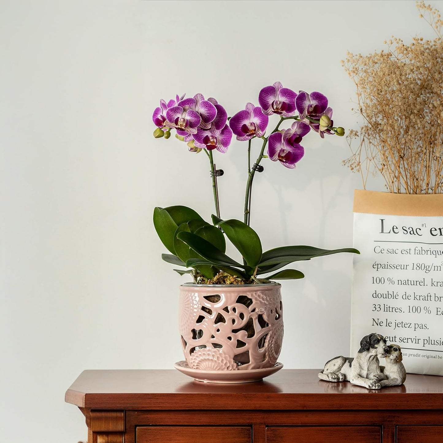 HERDUK Ceramic Orchid Pot, Orchid Pots with Drainage Holes & Saucer 6.5 Inch,Orchid Pot for Repotting Indoor, Orchid Containers with Precise Aeration & Drainage