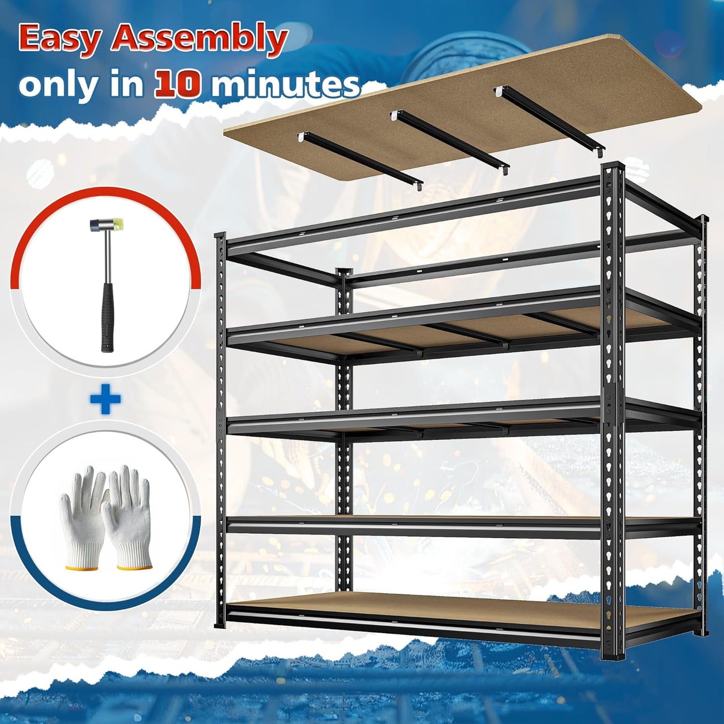 DurayLoly 55" W Storage Shelves, 2550LBS Garage Shelving, 5-Tier Metal Shelving Unit, Adjustable Heavy Duty Shelving for Garage, Warehouse, Pantry, Kitchen, 55" W × 24" D × 72" H, Black