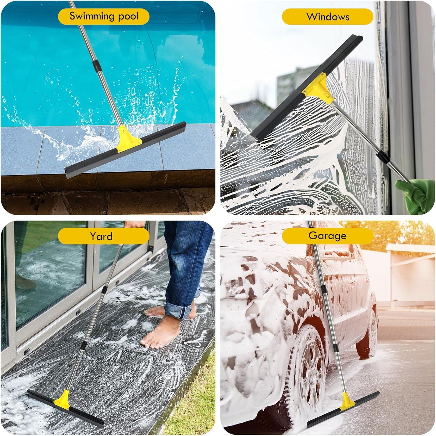 Floor Squeegee for Concrete and Tile Cleaning, 30'' Heavy Duty Rubber Wiper with 60'' Long Adjustable Handle Water Scraper for Bathroom Shower Glass Garage Glass Window(Yellow