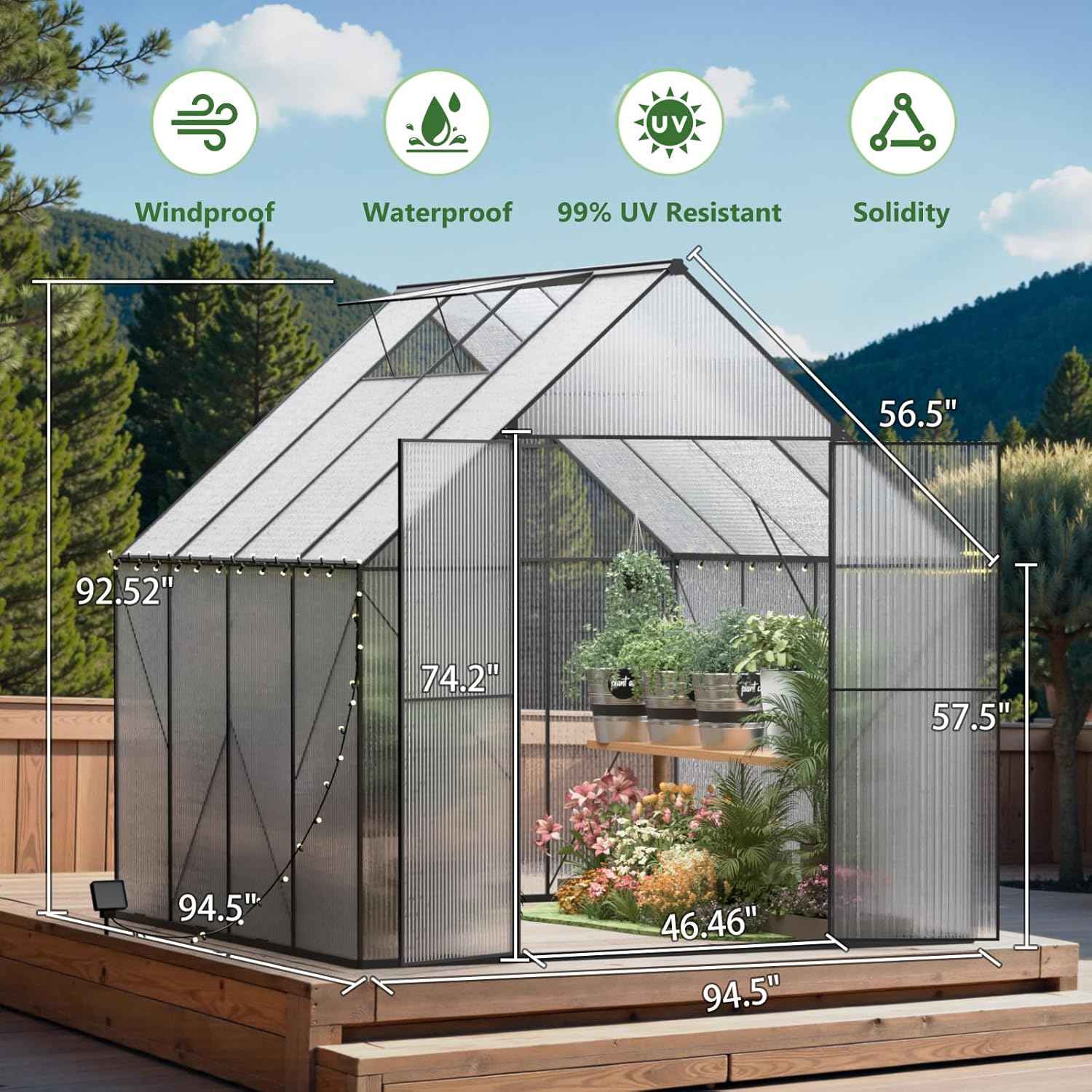 Greenhouse for Outdoors, Heavy Duty Polycarbonate Greenhouse, Walk in Greenhouses for Outdoor Garden Backyard with Roof Vent (8x8 FT)