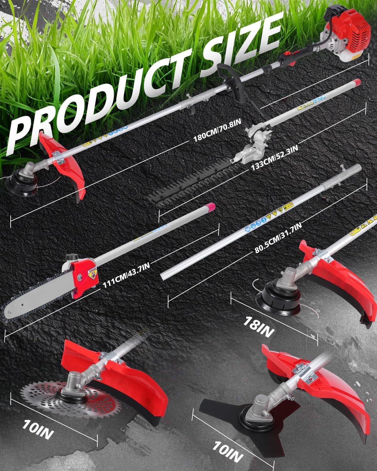 5-in-1 Weed Wacker Gas Powered – 52CC 2-Stroke String Trimmer/Edger, Pole Saw, Hedge Trimmer and Brush Cutter Blade with Extension Pole – Gas Powered Yard Tool for Landscaping (Red)