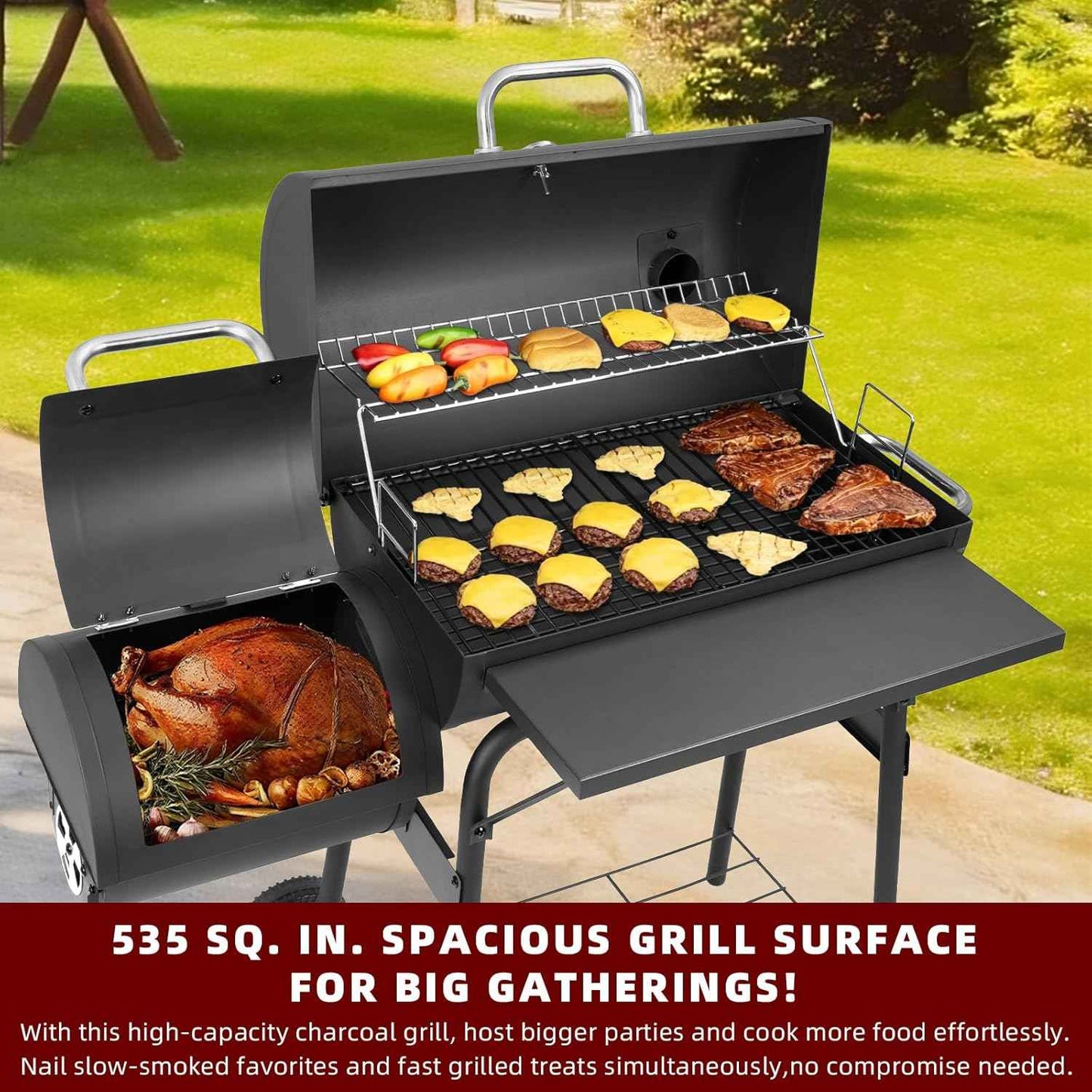 Charcoal Grill with Offset Smoker,BBQ Grills with Side Table,Outdoor Cooking with 535 Square Inches,Backyard Camping Picnics, Patio and Parties, Black by DNKMOR