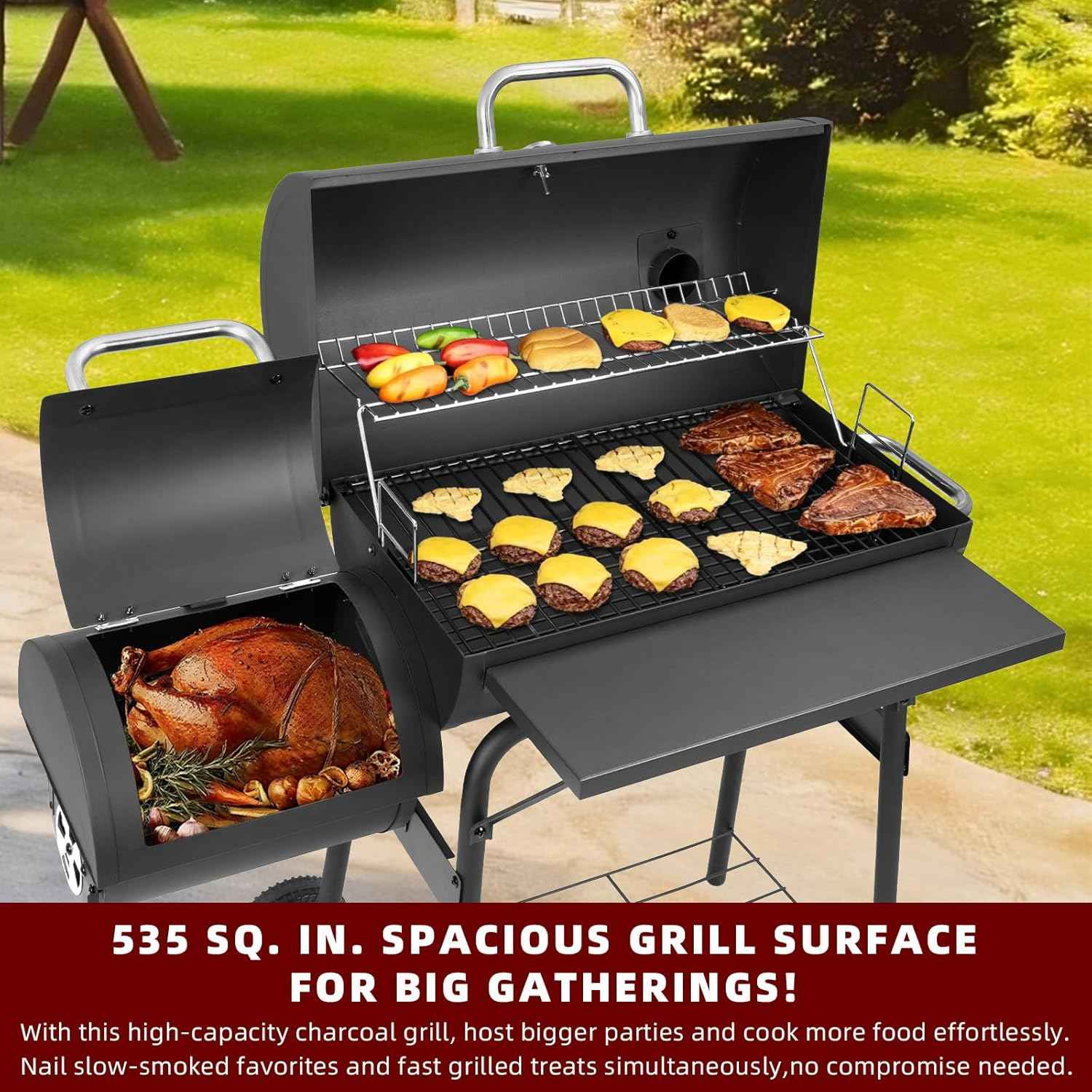 Charcoal Grill with Offset Smoker,BBQ Grills with Side Table,Outdoor Cooking with 535 Square Inches,Backyard Camping Picnics, Patio and Parties, Black by DNKMOR