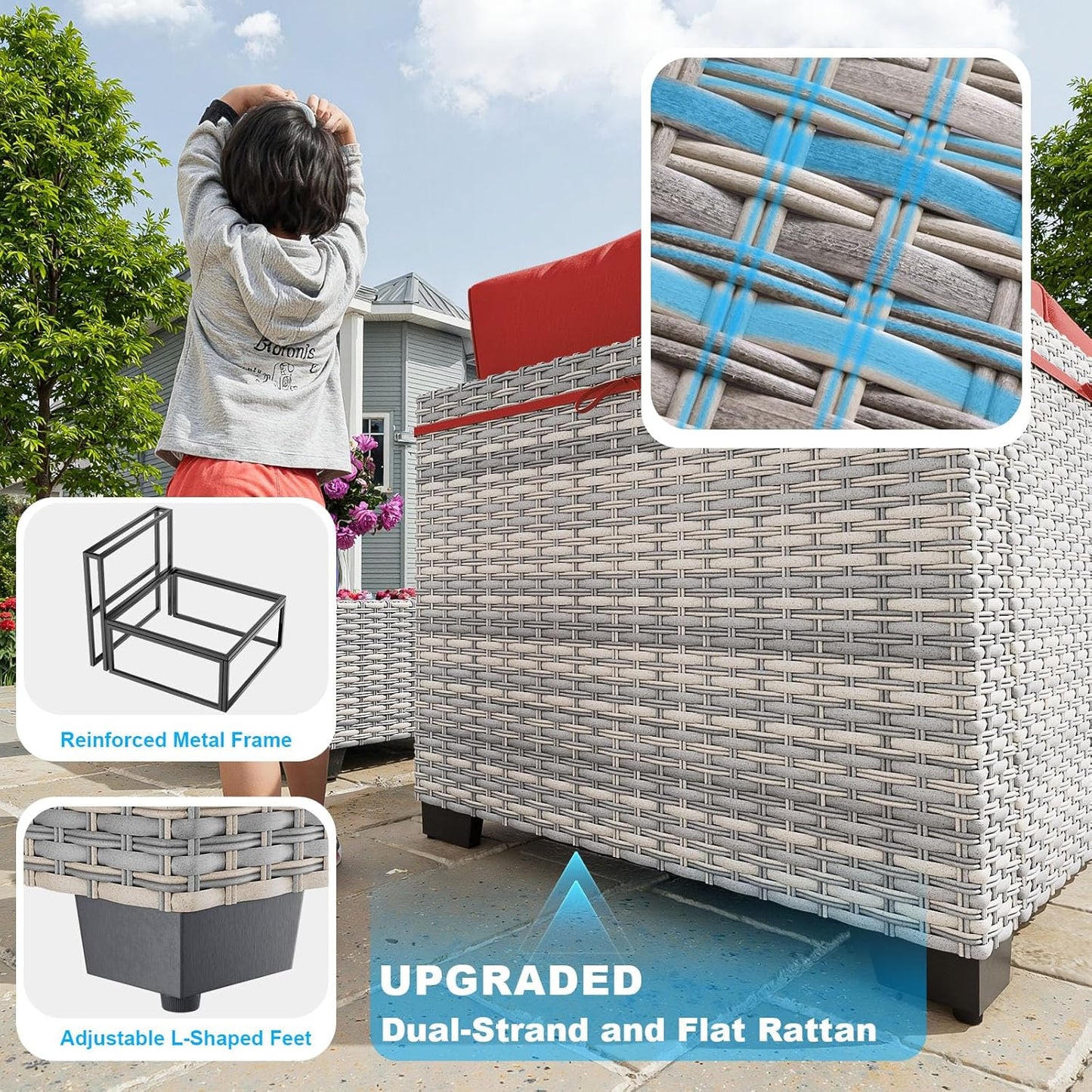 7-Piece Patio Furniture Set, Outdoor Sectional with Thick Cushions, Modular Patio Sofa, Dual-Strand Wicker Rattan, Rust-Resistant Frame, Backyard Furniture for Garden, Deck, Red