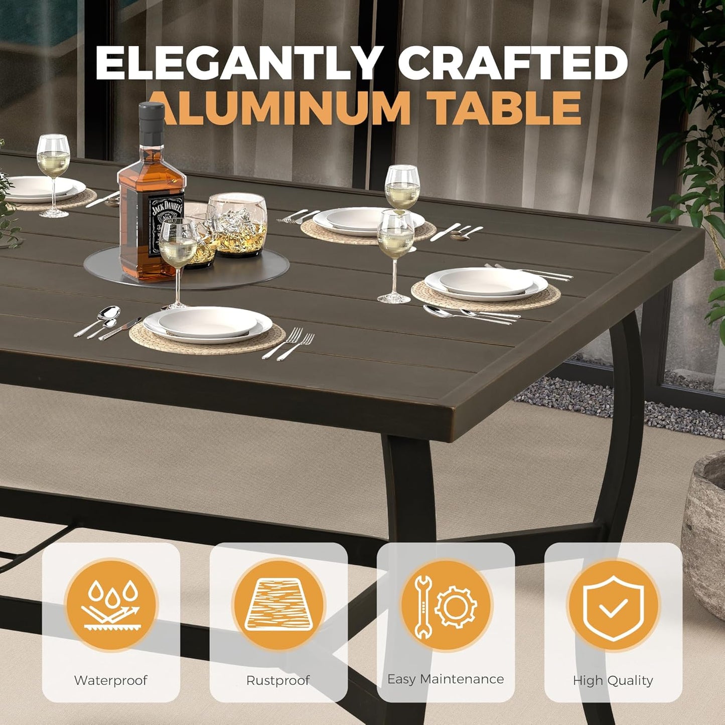 HAPPATIO Outdoor Dining Table for 6, Aluminum Rectangle Outdoor Dining Table with Umbrella Hole, All-Weather Aluminum Patio Dining Table for Garden Yard Poolside, Only Table, Black