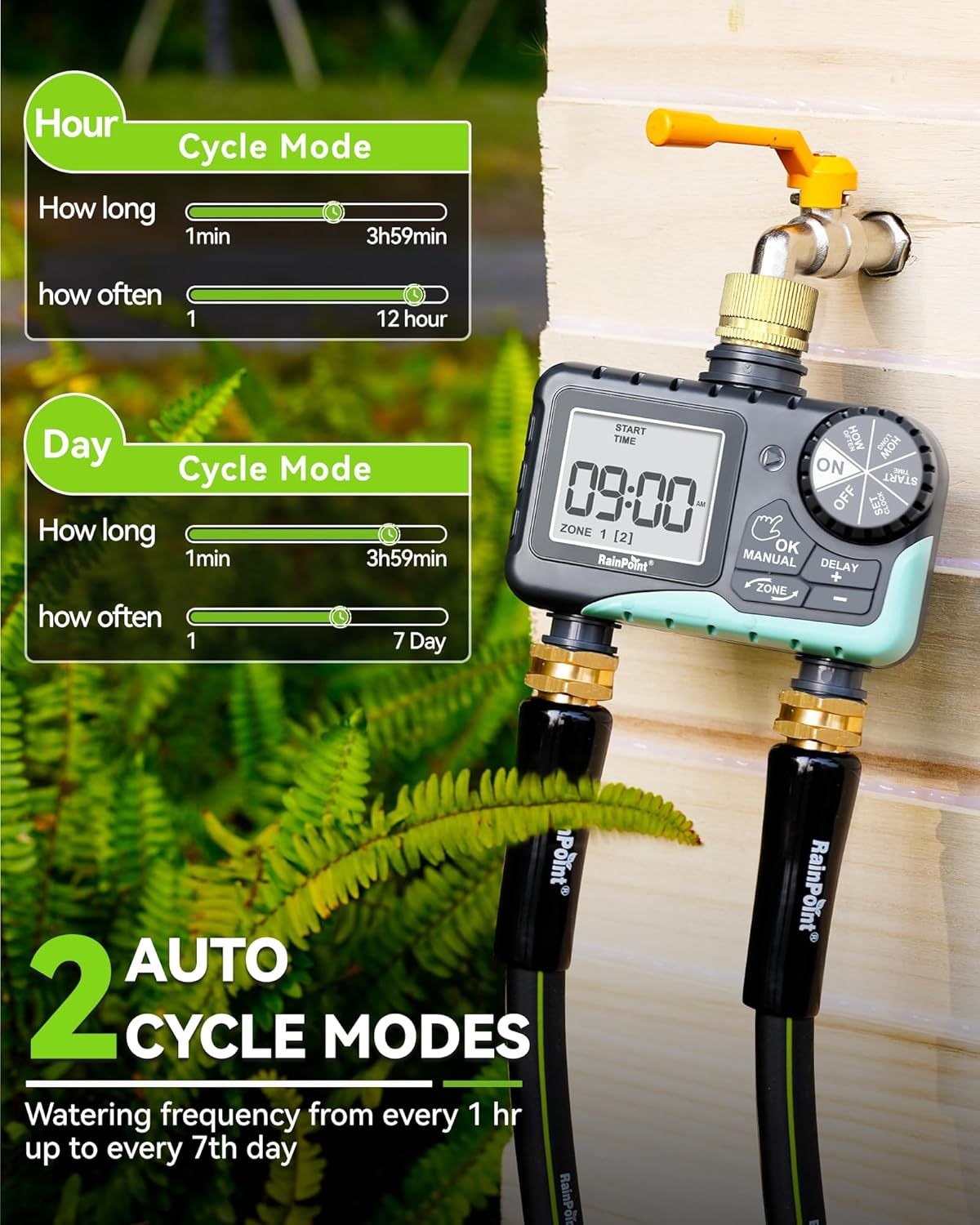RAINPOINT Water Timer for Garden Hose - Sprinkler Timer with Brass Swivel - Rain Delay/Manual Watering/Automatic Irrigation Programmable Faucet for Yard, 2 Outlet