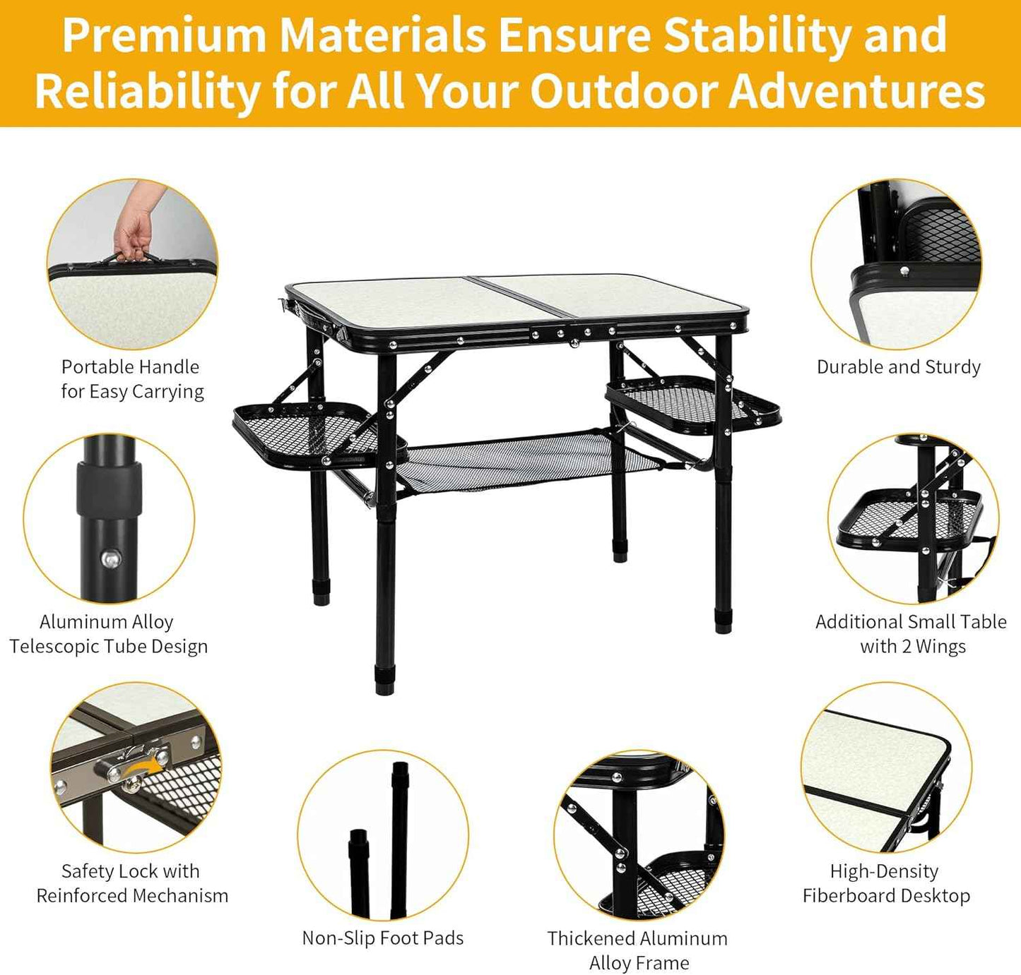 Folding Camping Table Outdoor Indoor Picnic BBQ Aluminum Lightweight Tall Camping Table 3-Height Adjustable 25in Max 50 Extra Space with Carry Handle & Mesh Pocket Small Foldable Table