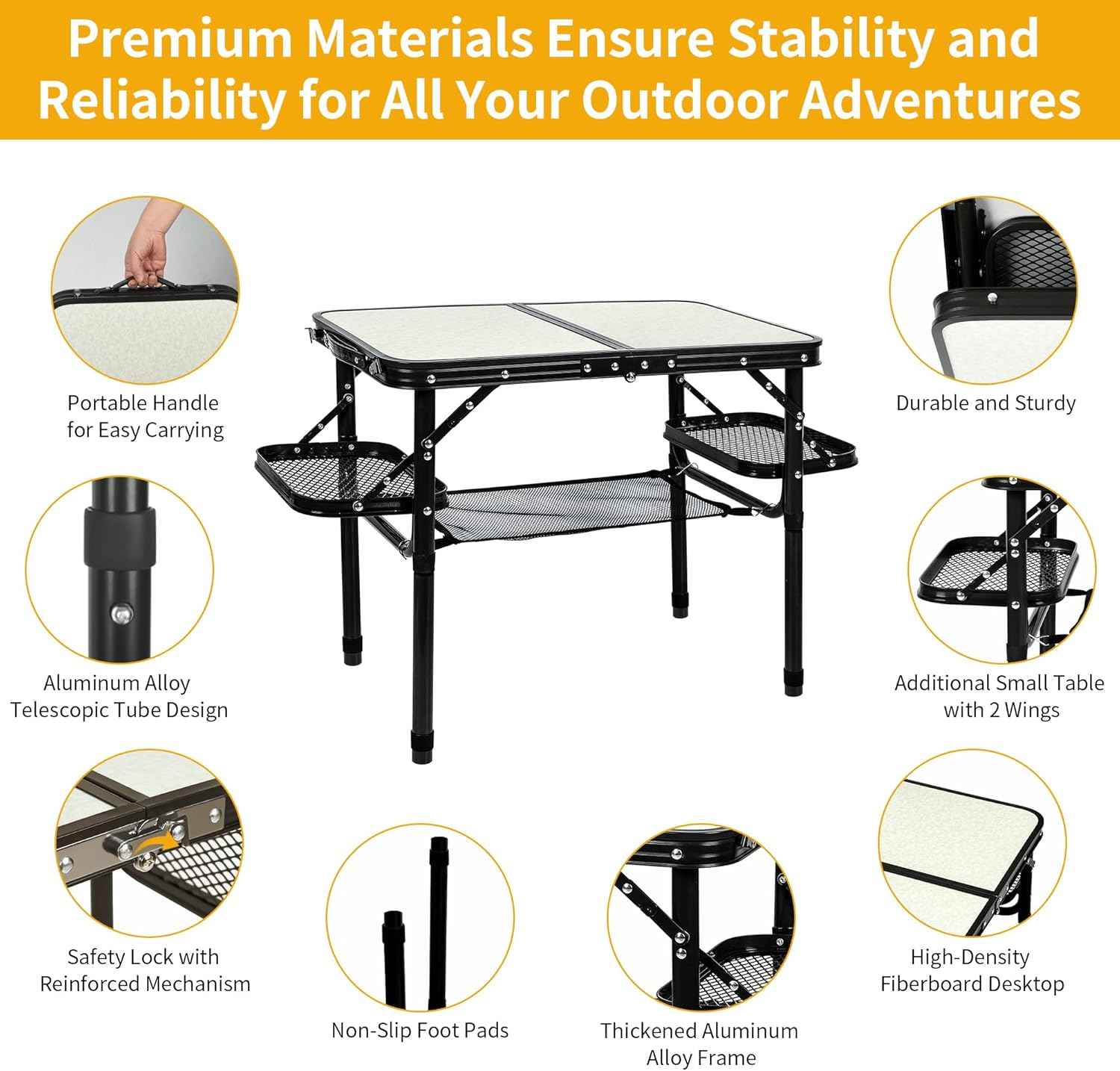 Folding Camping Table Outdoor Indoor Picnic BBQ Aluminum Lightweight Tall Camping Table 3-Height Adjustable 25in Max 50 Extra Space with Carry Handle & Mesh Pocket Small Foldable Table