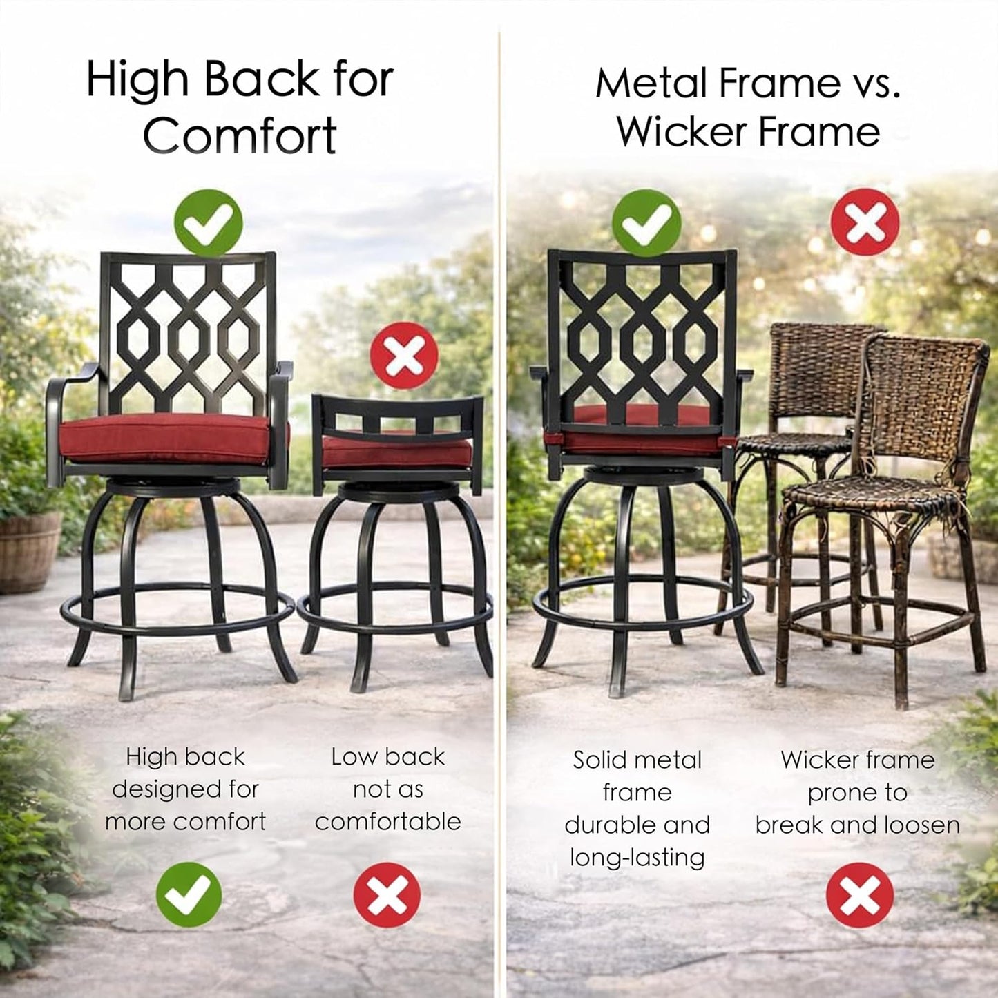 Kozyard Isabella Outdoor Swivel Bar Chairs Set of 2, Counter Height Patio Bar Stools with Cushioned Seats, Weather-Resistant Metal Bistro Chairs for Backyard Dining Burgundy