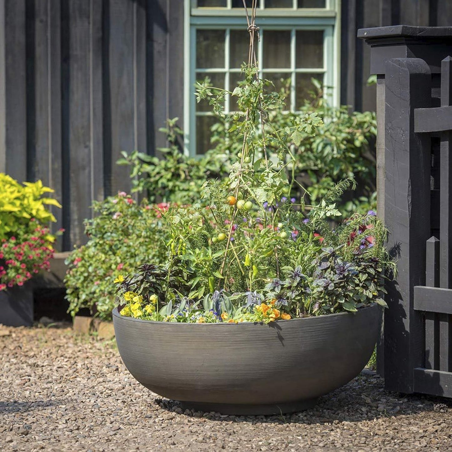 Crescent Garden Orinoco Planter Bowl – Double-Walled Resin Pot for Succulents, Flowers Without Drain Hole - 21" W x 8.25" H (Caviar Black)