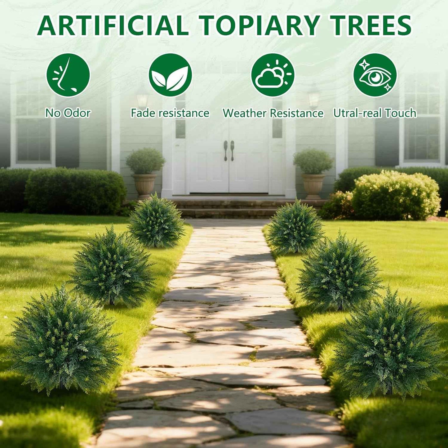 Artificial Cedar Topiary Trees with Ground Spike, 4 Pieces Fake Pine Shrubs Bushes, UV Resistant Faux Evergreen Cypress Tree Plants for Indoor Outdoor Planters Front Porch