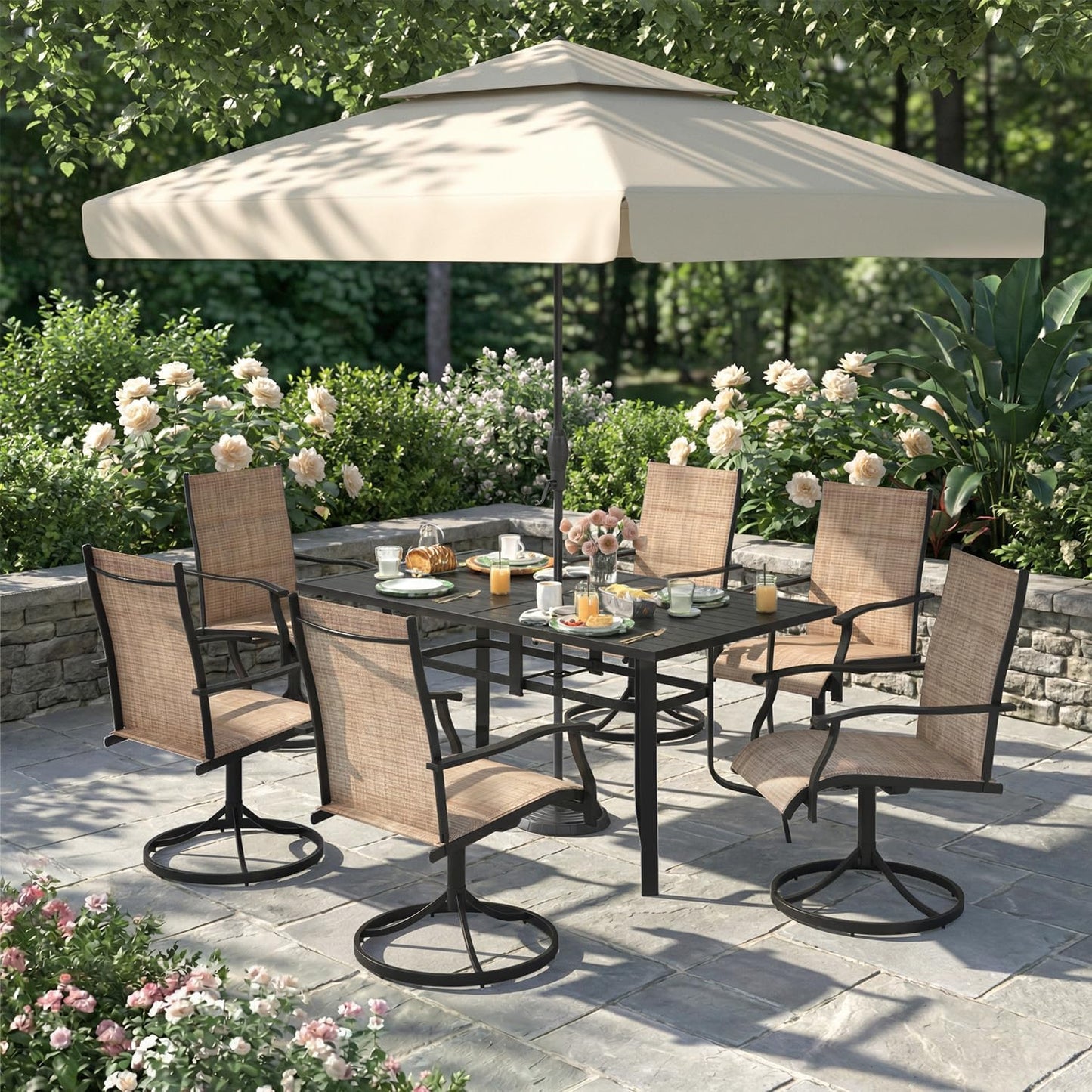 7 Pieces Patio Table and Chairs Set, 63" Metal Dining Table with Umbrella Hole, 6 High Back Textilene Swivel Chairs, Dining Table Set for 6, Outdoor Furniture for Porch Deck Yard Balcony, Brown