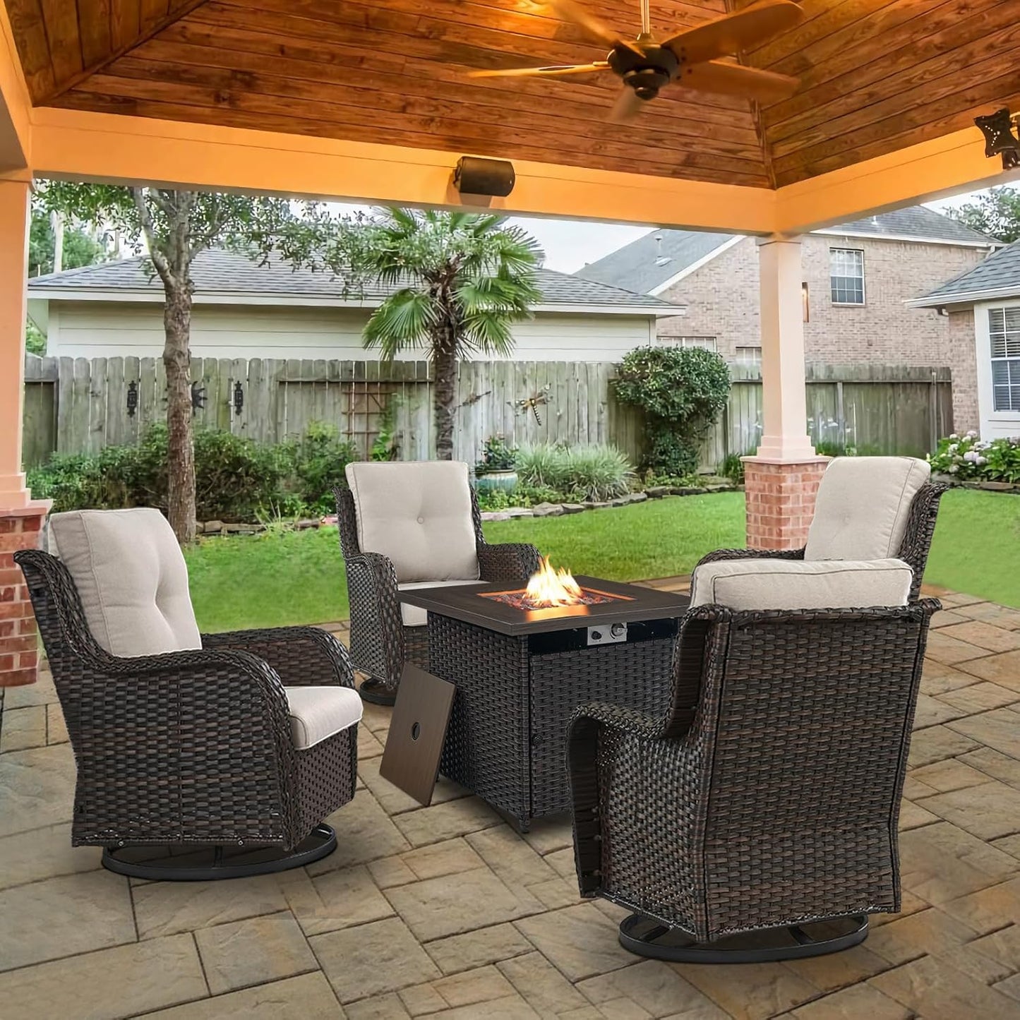 5 Pieces Patio Wicker Furniture Set - 4 Outdoor Swivel Rocker Glider Chairs with Propane Fire Pit Table, Warm Patio Conversation Set Beige Cushion Perfect for Casual Gathering