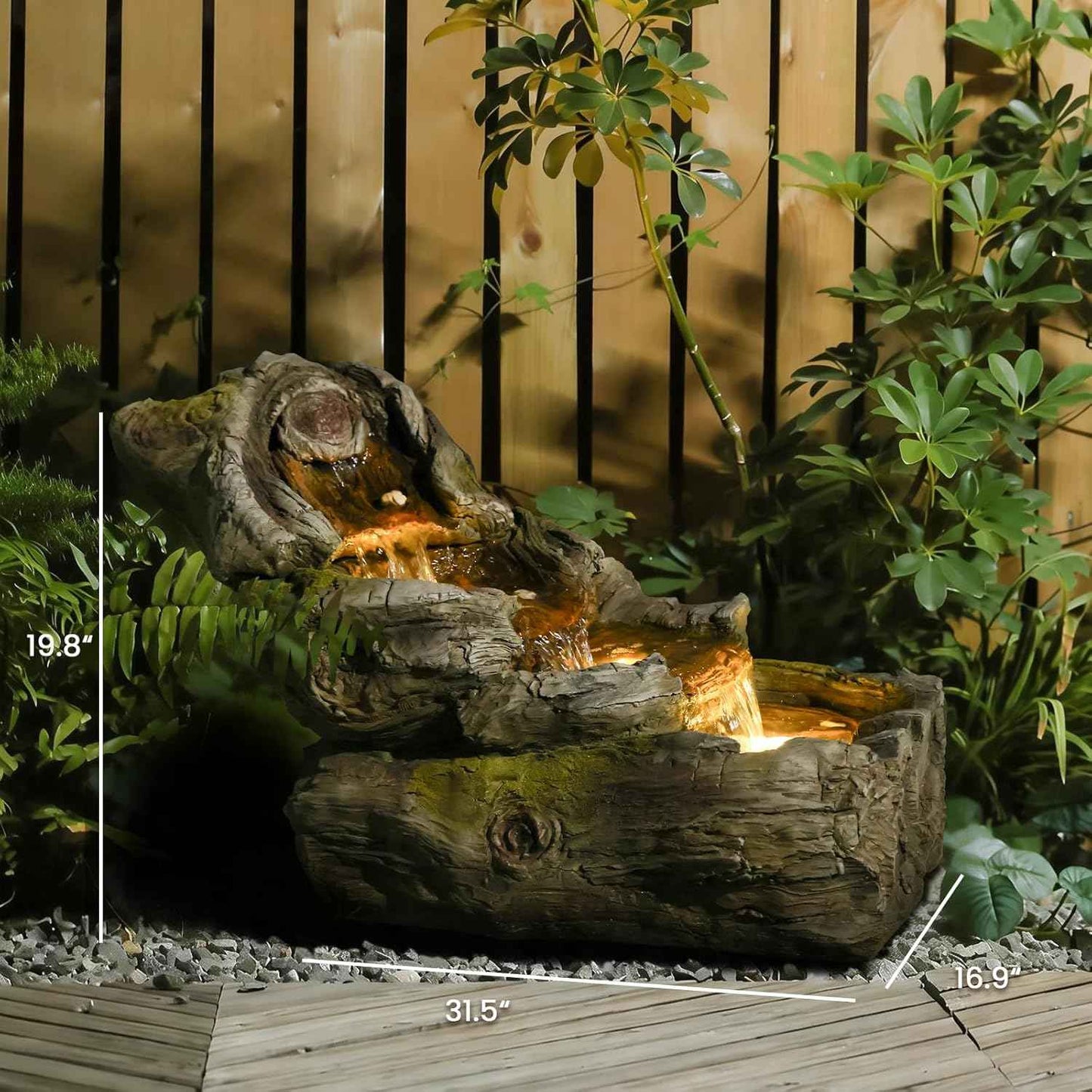 Sunlinua 31.5" L Outdoor Water Fountain with 3 Tiers Cascading Realistic Tree Trunk Waterfall Fountains with LED Lights Outdoor Water Fountain for Garden Patio Backyard Porch Home Decor