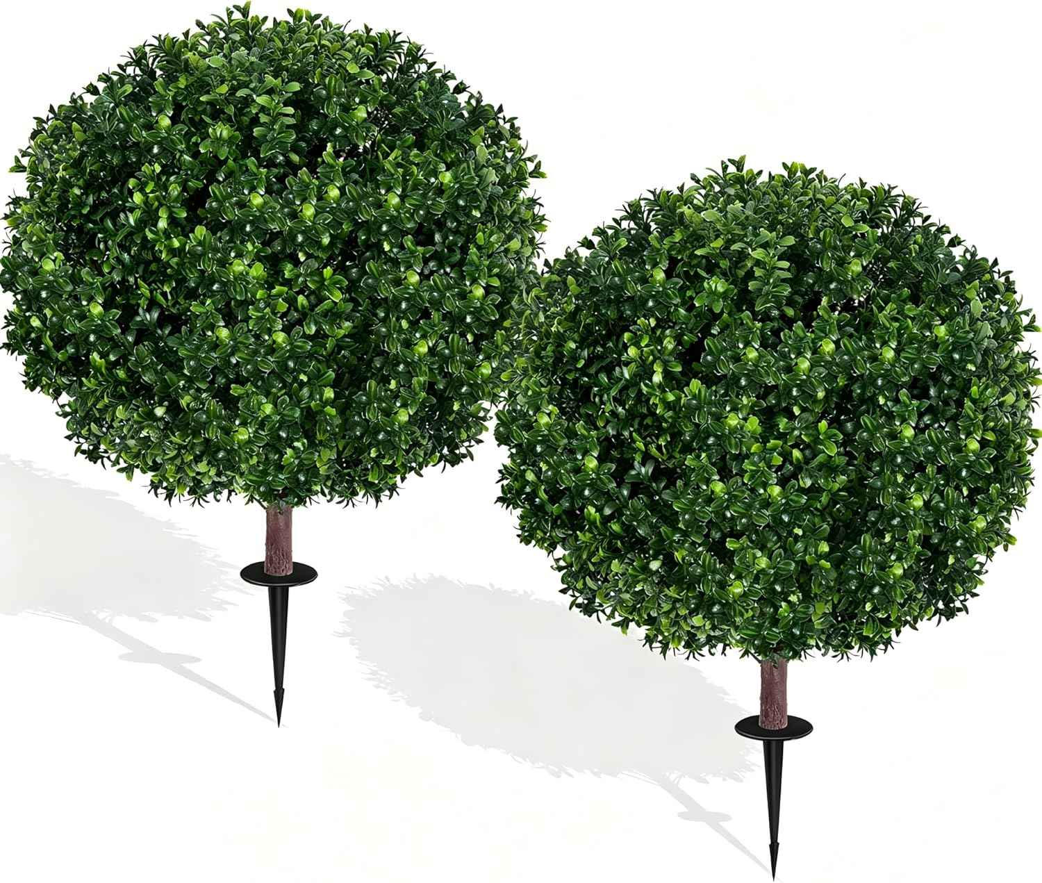 27.5" Artificial Boxwood Topiary Ball Tree, Set of 2 Fake Bushes Shrubs with Ground Spike, UV Resistant Faux Evergreen Boxwood Trees for Front Porch Planters Outdoor Garden Decor