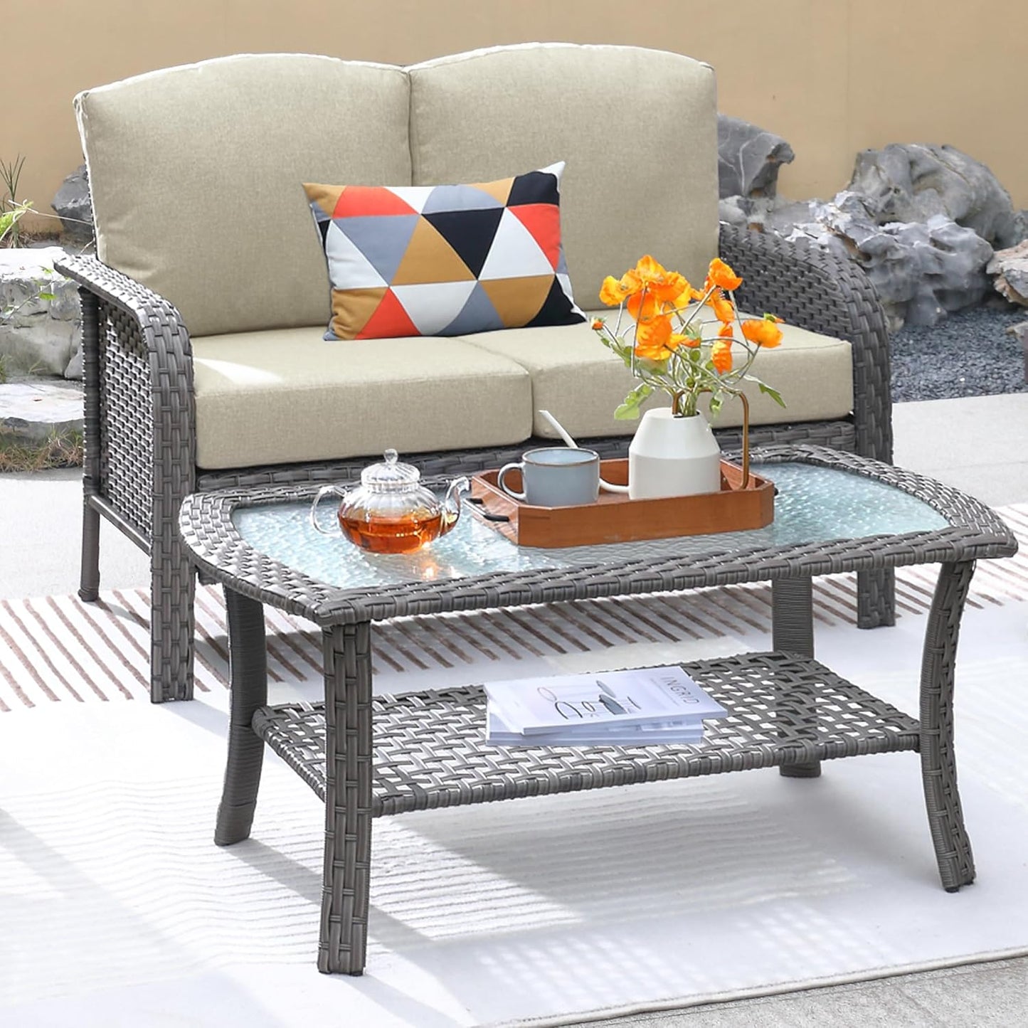 ovios 2 Pieces Patio Furniture Set, Outdoor Wicker Sofa with Glass Coffee Table, All Weather High Back Rattan Loveseat Couch 2 Seats with Comfy Cushions, Beige