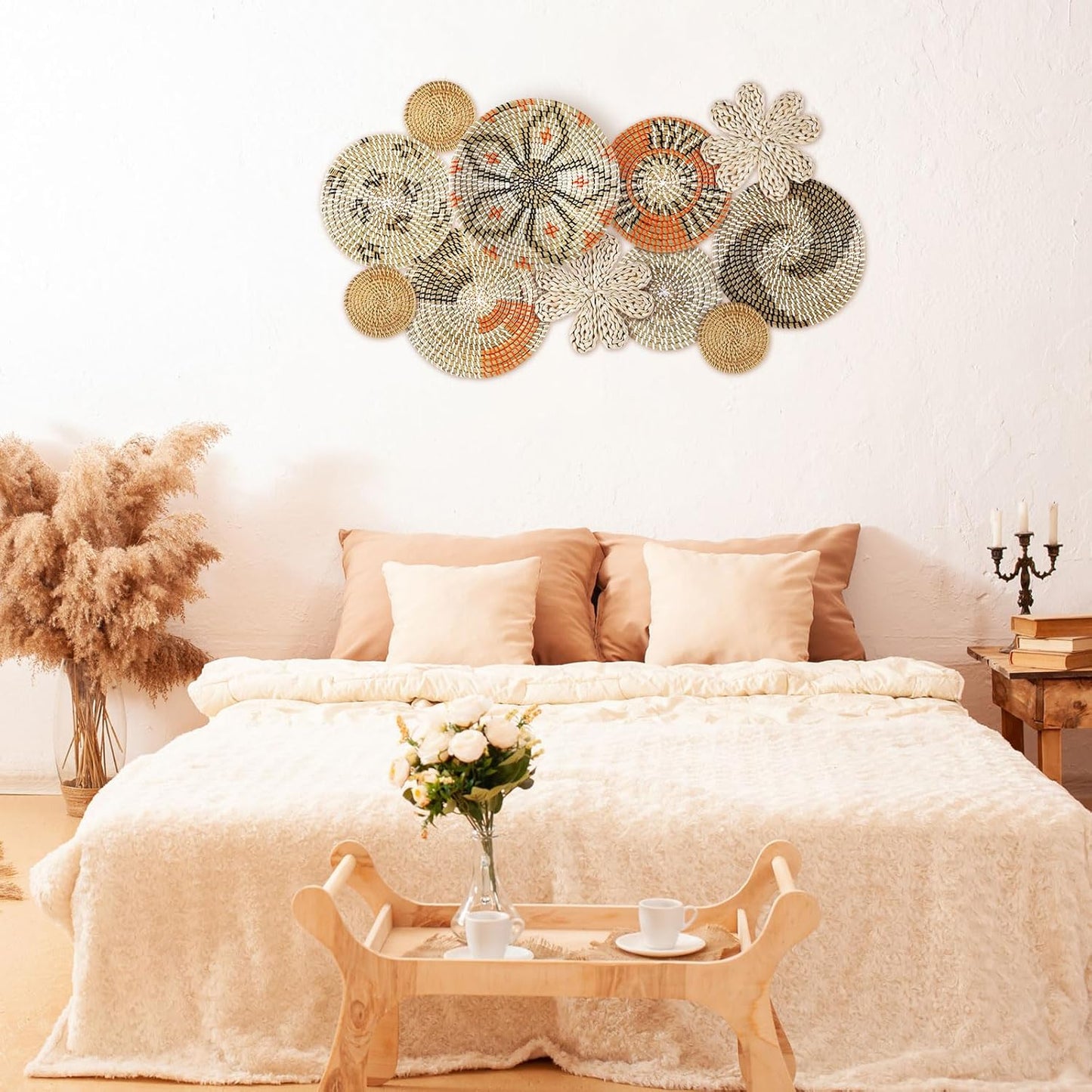 11 Pcs Boho Hanging Wall Basket Decor Handmade Woven Basket Wall Decorative Boho Wicker Baskets Placemats Round Farmhouse Bulrush Art for Rustic Home Decorations Christmas Gift(Cute)