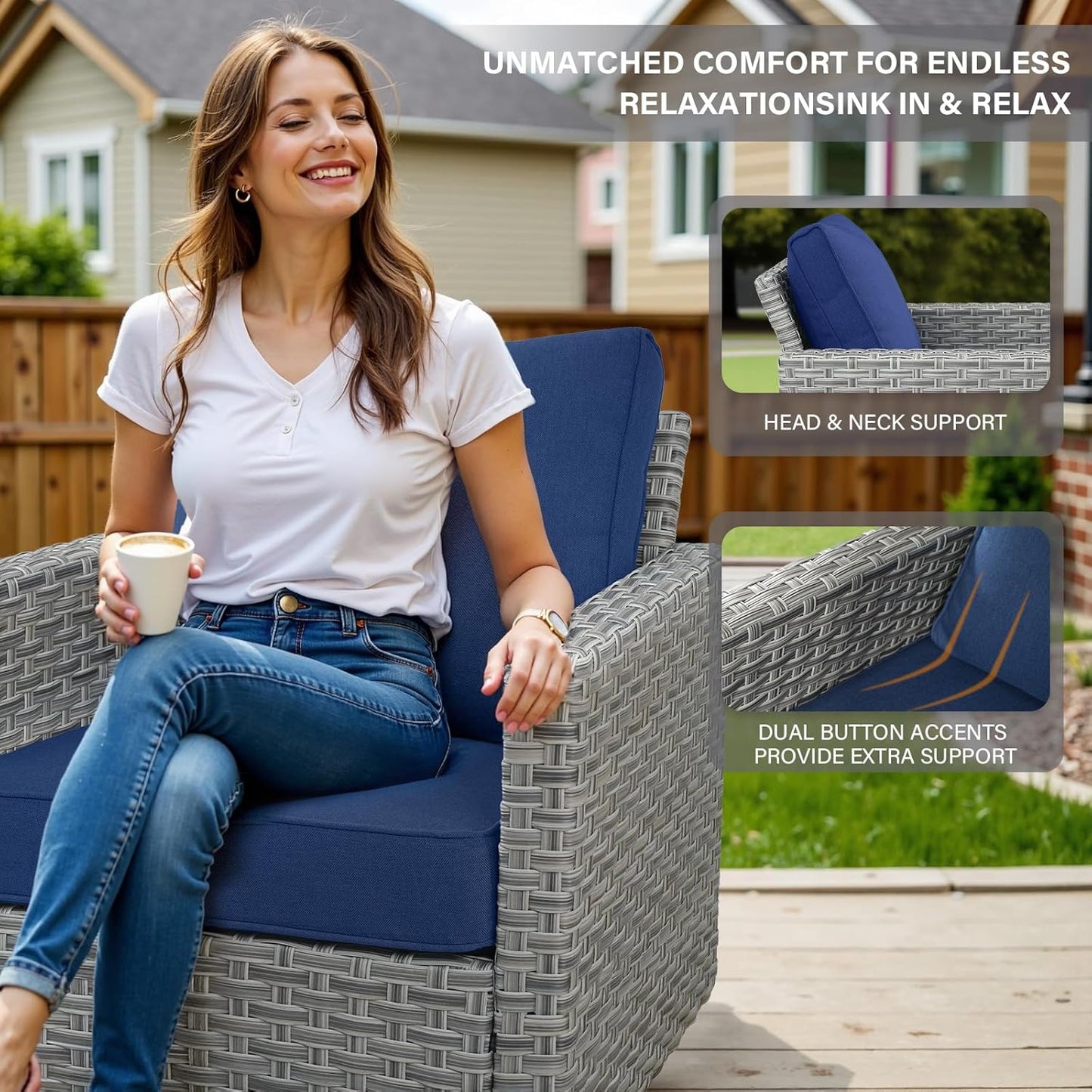 9 Piece Patio Furniture Set with 43-Inch Propane Fire Pit Table, Outdoor Sectional Sofa Set, 5 Seater Modular Wicker Seating with 50000 BTU Fire Table for Deck Backyard Casual Gathering