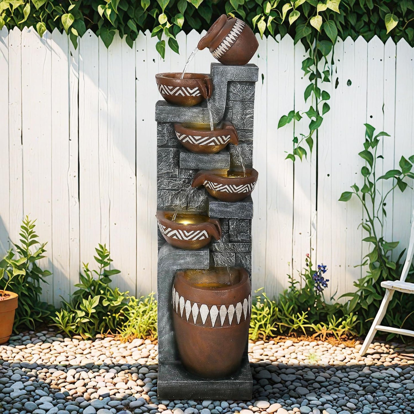 56.6in High Outdoor Indoor Water Fountain, 6-Tiered Poly-Resin Waterfall Fountain with LED Lights, Decorative Floor Standing Fountain for Garden, Patio, Yard, Home Decor