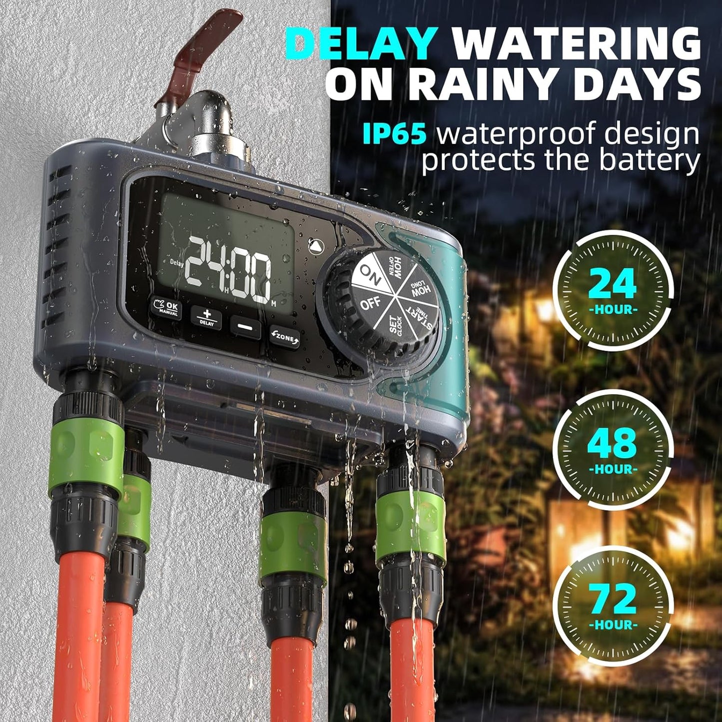 Sprinkler Timer for Outdoor Hose Faucet 4 Zone, Programmable Hose Timer with Rain Delay/Manual/Automatic Watering System, Water Timers for Garden Hose, Digital Drip Irrigation for Yard Lawn Outdoor