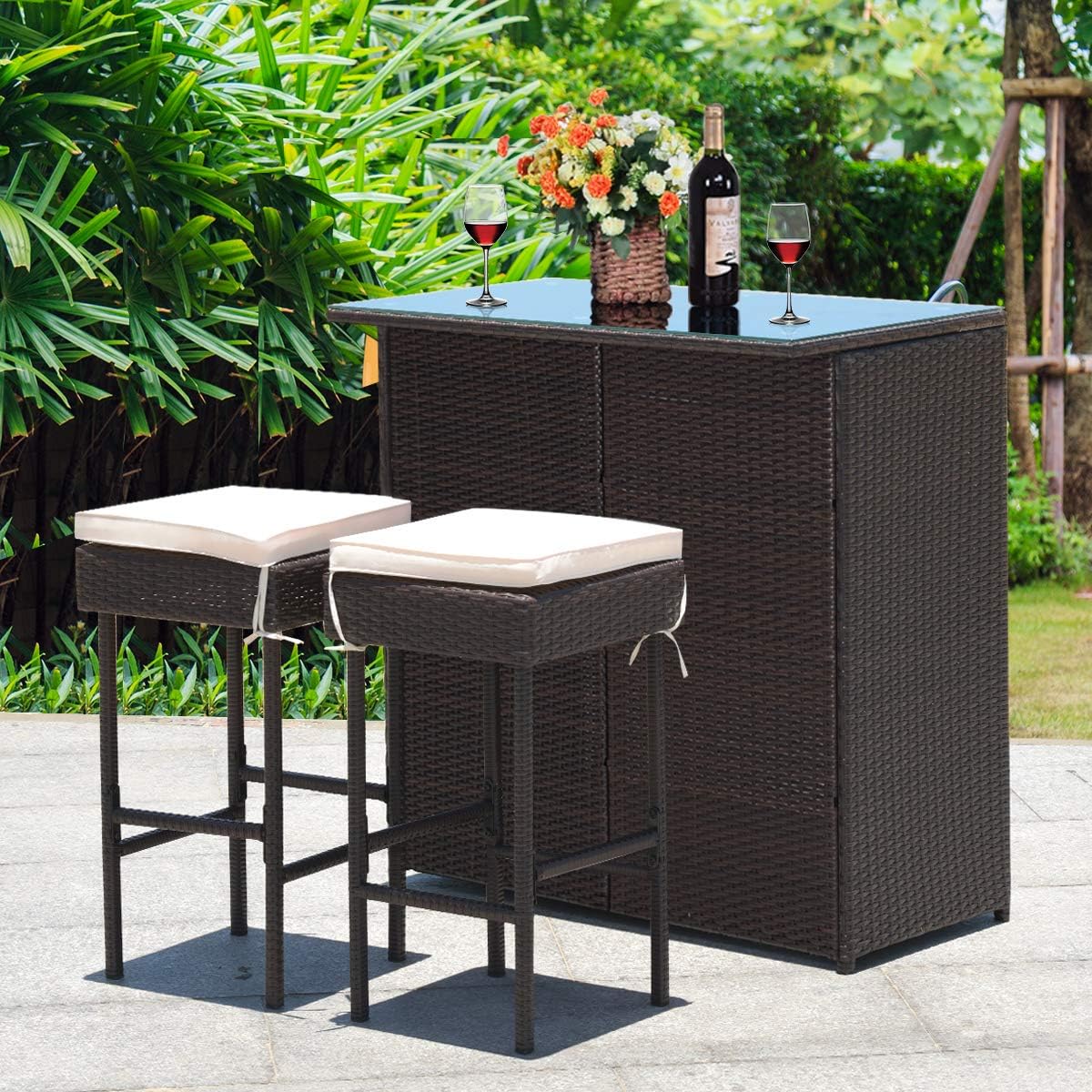 Tangkula Patio Bar Set, 3 Piece Outdoor Rattan Wicker Bar Set with 2 Cushions Stools & Glass Top Table, Outdoor Furniture Set for Patios Backyards Porches Gardens Poolside (Beige)