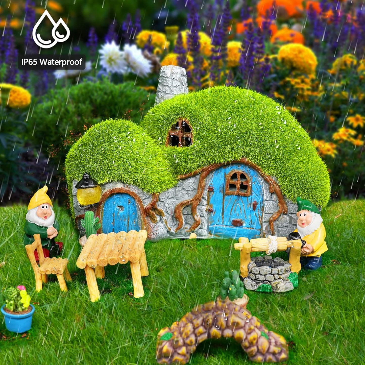 Garden Statues Outdoor Decor - Fairy House with Waterproof Solar Lights Resin Figurines for Yard Lawn Porch Outside Ornament or Garden Gift