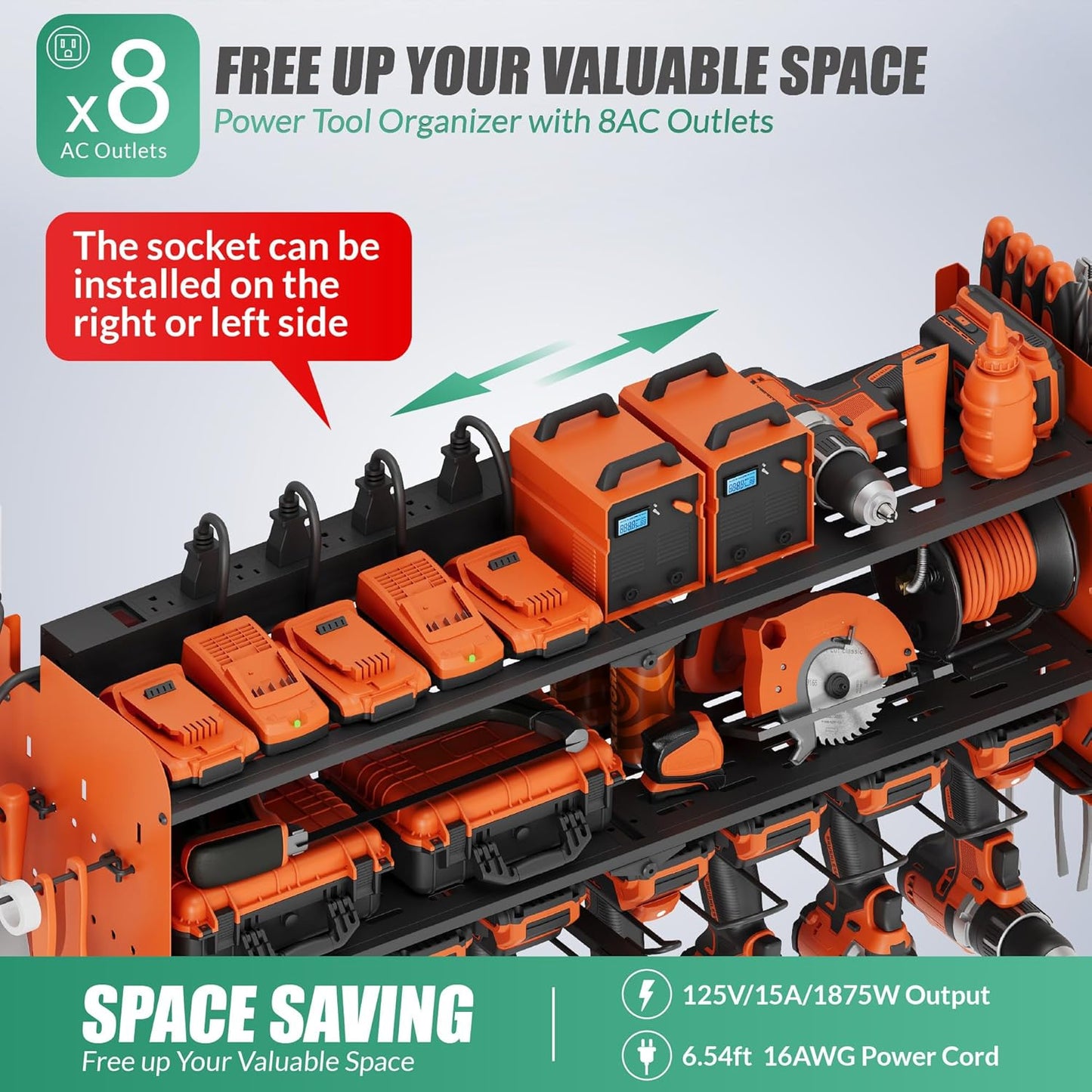 Suchtale Power Tool Organizer with Charging Station,33.2''Garage 8 Drill Holders Wall Mount,3 Layers Heavy Duty Metal Tool Shelf with 8 Outlets Power Strip, Gift for Men, Father, Orange
