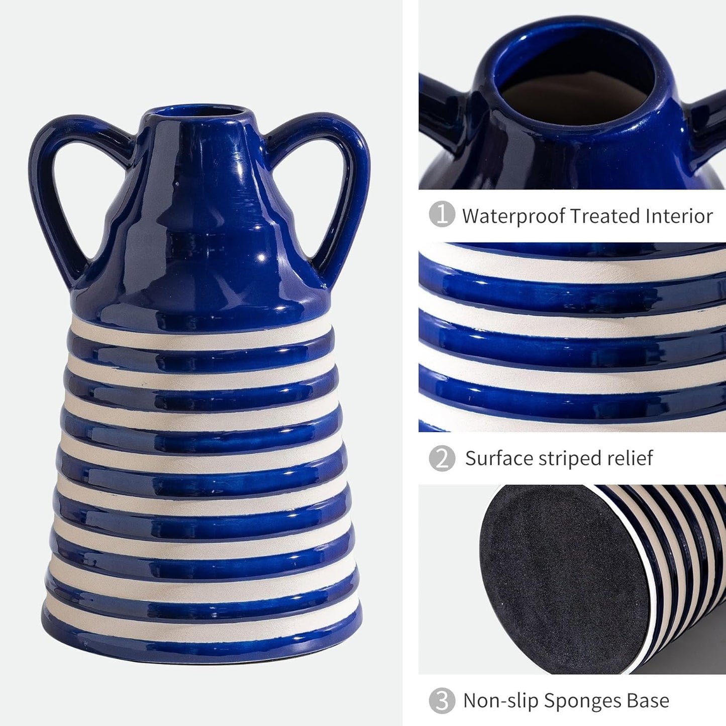 Ceramic Blue and White Checkered Stripes Vase with Handles, Modern Bohemian Floral Navy Blue Vases for Centerpieces, Cottage Core Home Decor, Flower Vases for Bouquet Tabletop Kitchen Bookshelf 8.9 In