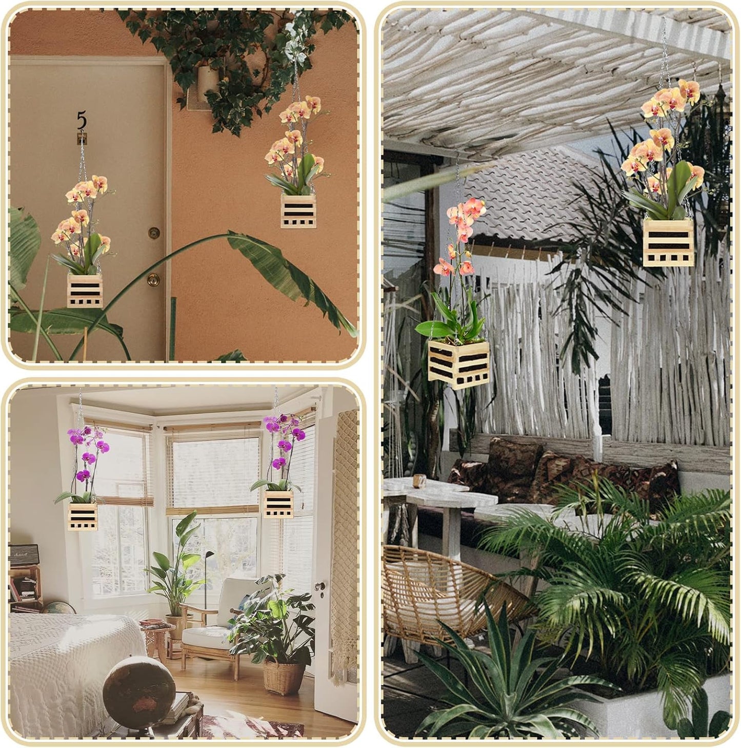 Bucherry Wooden Hanger Orchid Basket 6 Inches with Hangers Rustic Wood Hanging Orchid Planter Square Basket for Indoor or Outdoor Flower Planter with 20 Inches Hanger Chain(1 Set,6 Inch)