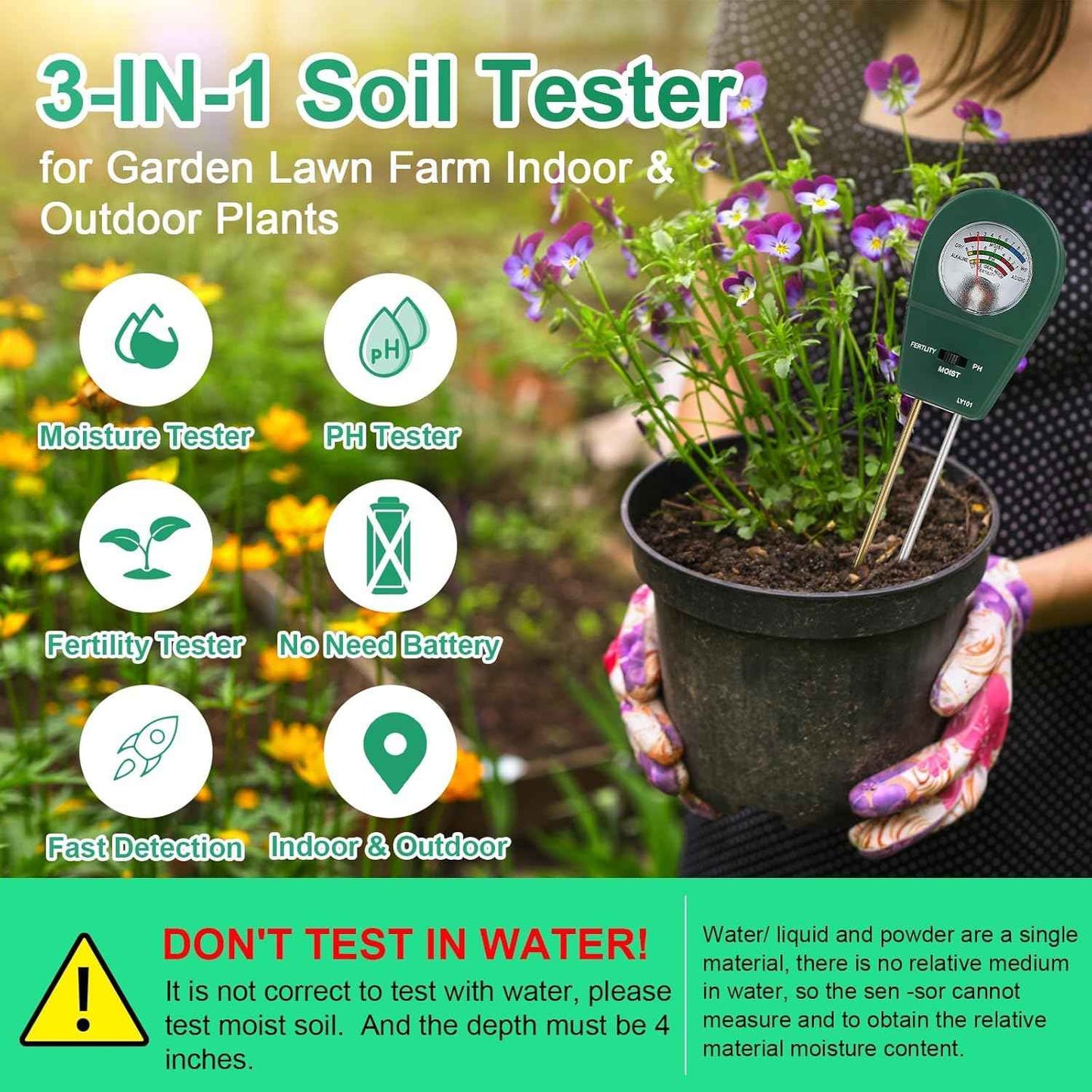 Adoric Soil Moisture Meter, 3-in-1 Soil pH, Moisture & Fertility Meter Soil Tester for Plants Battery-Free Garden Tool for Indoor & Outdoor Use, Accurate & Fast Response Soil Kit for Home Farm & Lawn