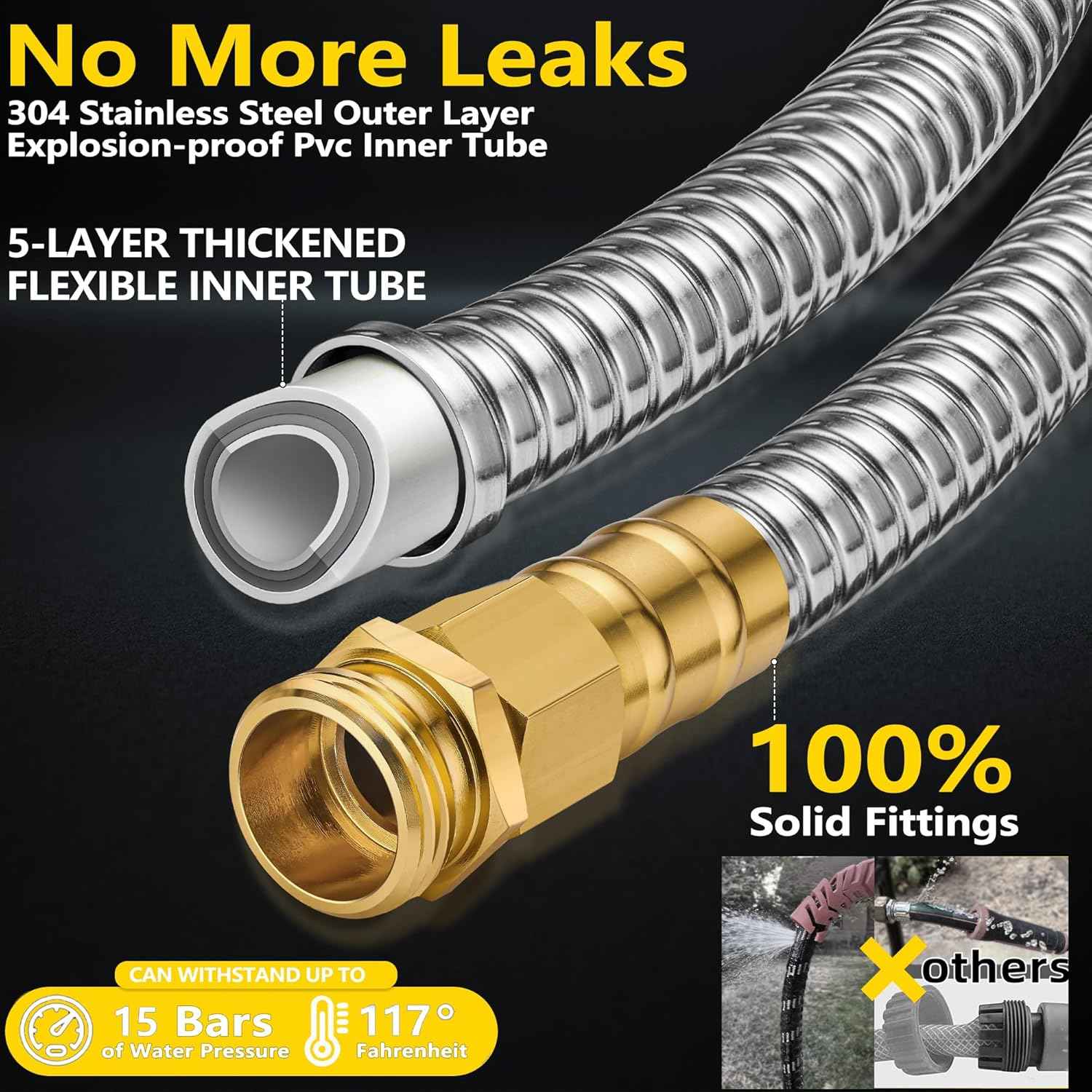50 ft Stainless Steel Garden Hose - 2026 New Upgraded Technology Metal Water Hoses with 3/4" Solid Fitting - Lightweight,Ultra Flexible,Durable,Kink-Less Watering Pipes Garden Hoses For Yard, Outdoor