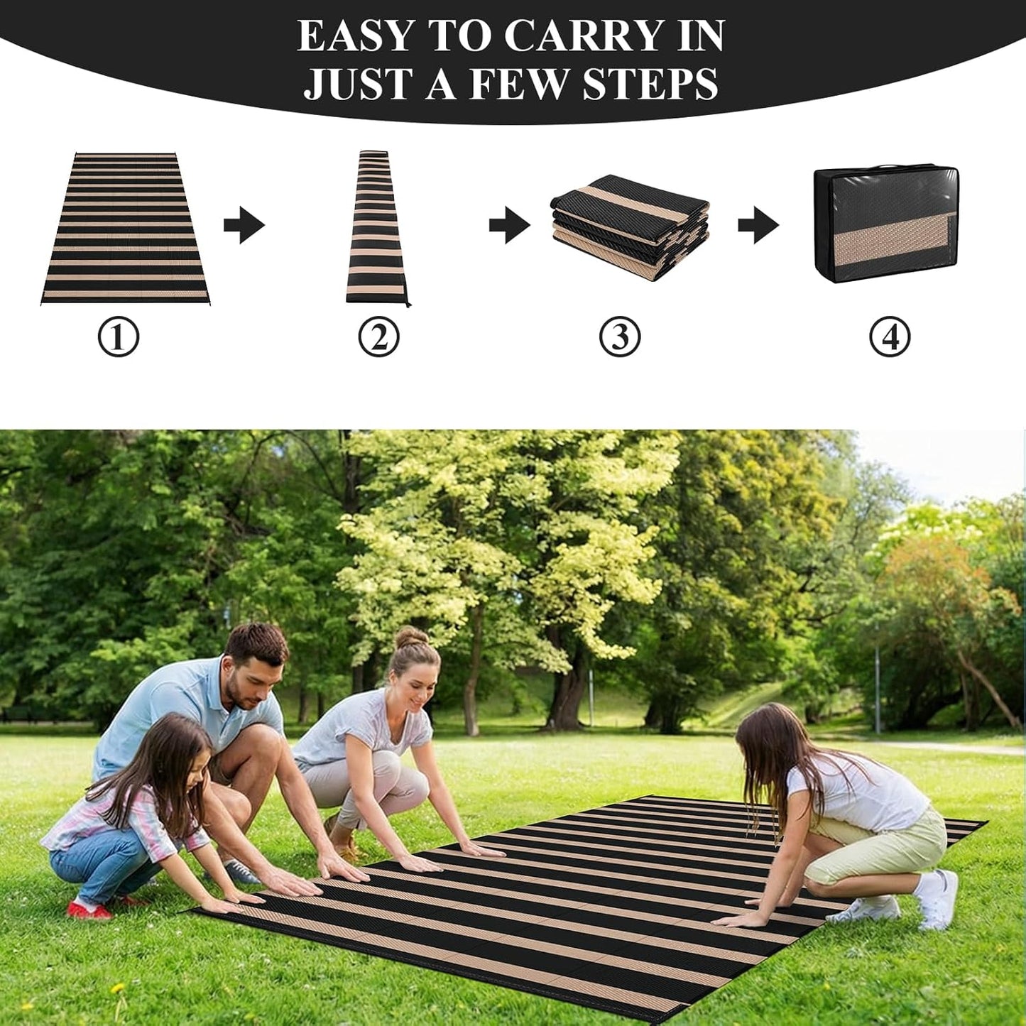 Vaukki Waterproof Outdoor Rug 8x10, Reversible Striped Patio Rug, Lightweight Plastic Straw Camping Mat, Indoor Outdoor RV Carpet for Outsides, Patio, Camping, Balcony, RV and Deck, Black and Beige