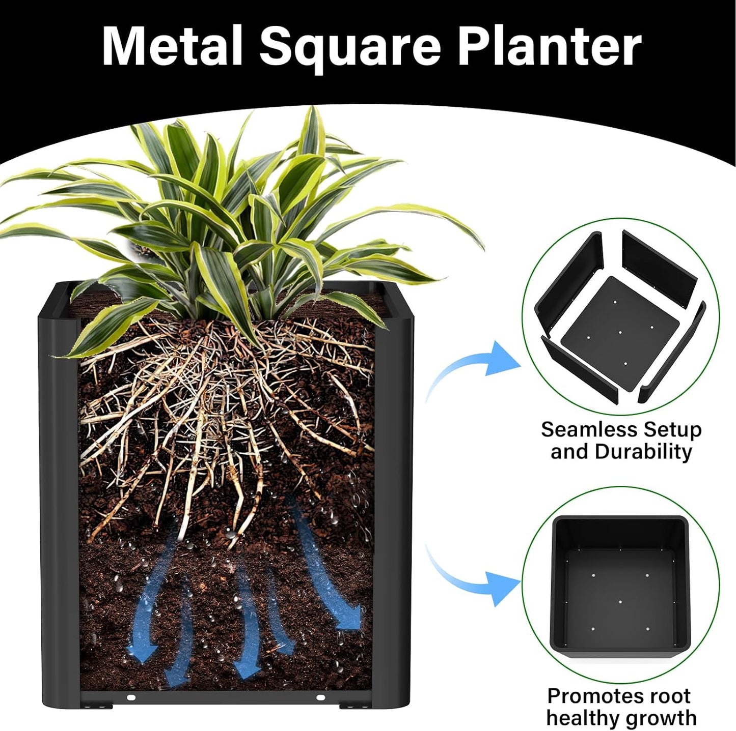 Large Metal Square Planter 26" L x 26" W x 26" H, Heavy Duty Black Large Outdoor Planters with Drainage Hole for Porch/Patio/Garden